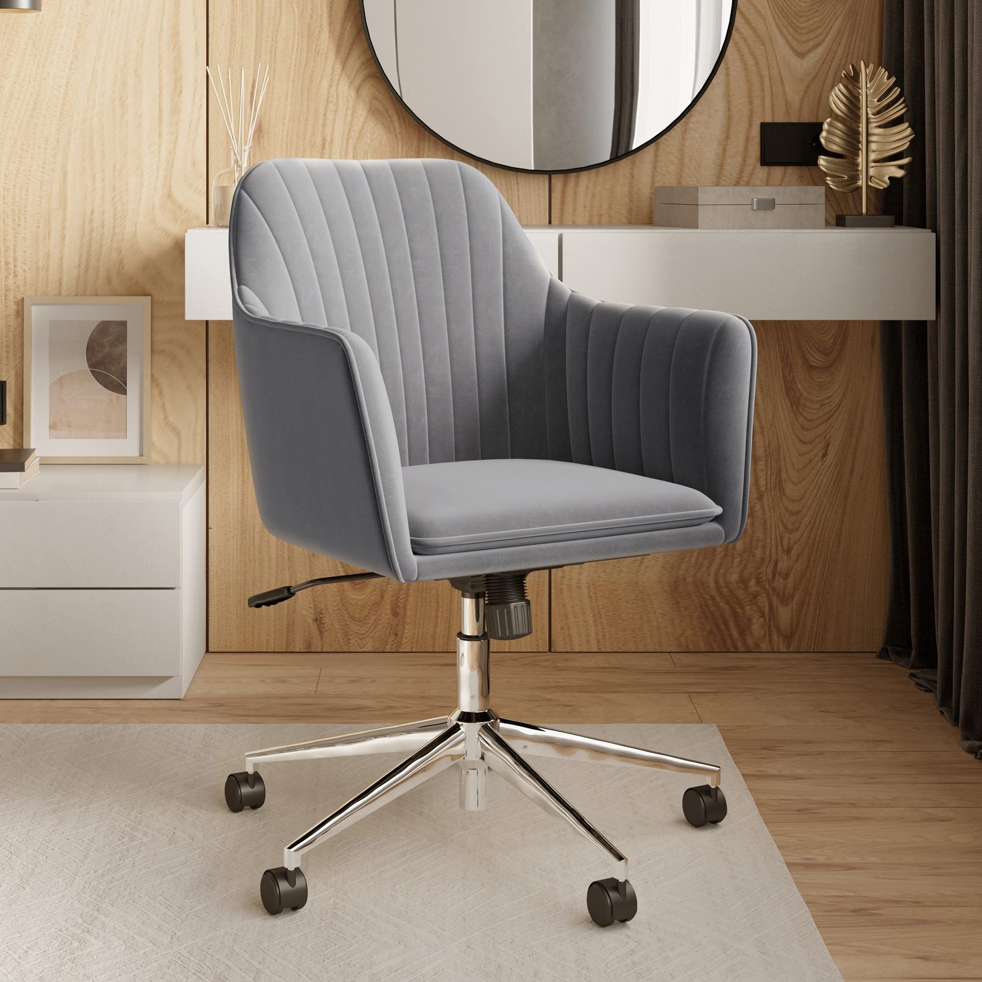 BELLEZE Modern Velvet Swivel Office Chair with Adjustable Height & Wheels - Stylish Comfy Desk Chair for Home Office, Gaming, Study & Vanity - Alayah (Gray)