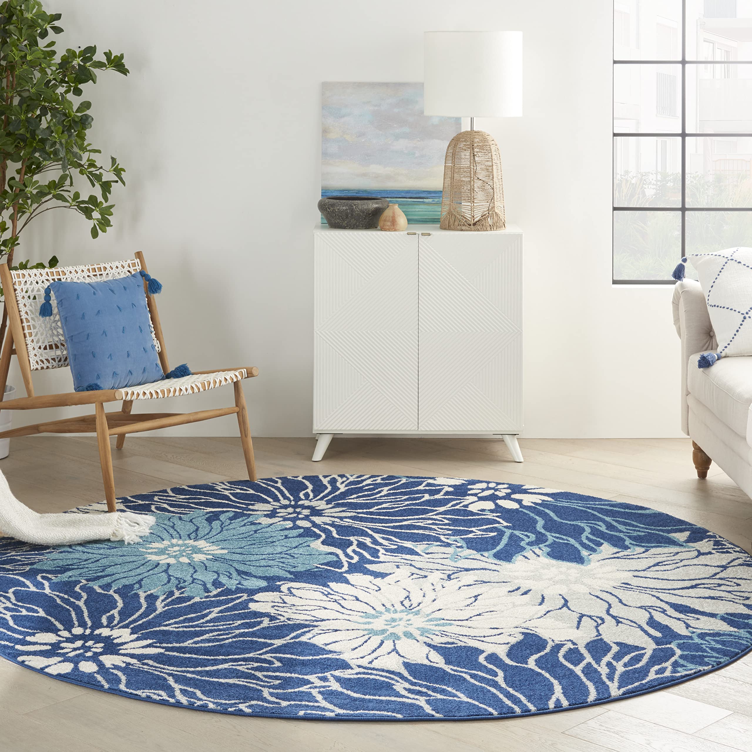 Nourison Passion 8' Round Area Rug - Navy & Ivory Modern Design - Perfect for Living Room, Bedroom, or Office Decor