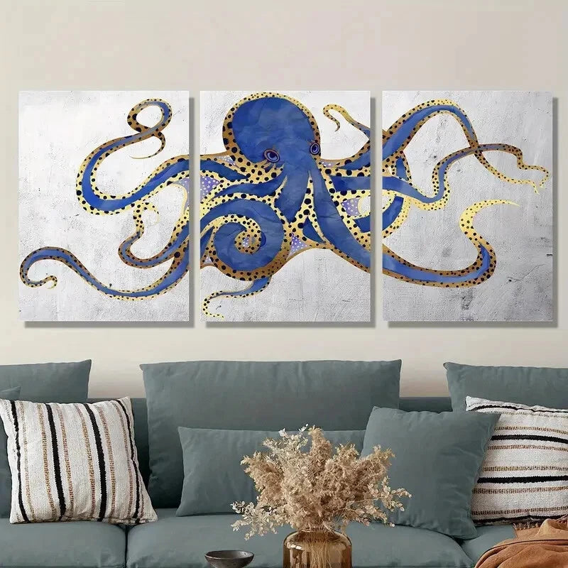 3-Piece Navy, Gold, Blue & Gray Abstract Octopus Metal Wall Art - Ready to Hang | Modern Ocean Theme Decor for Living Room, Bedroom or Office