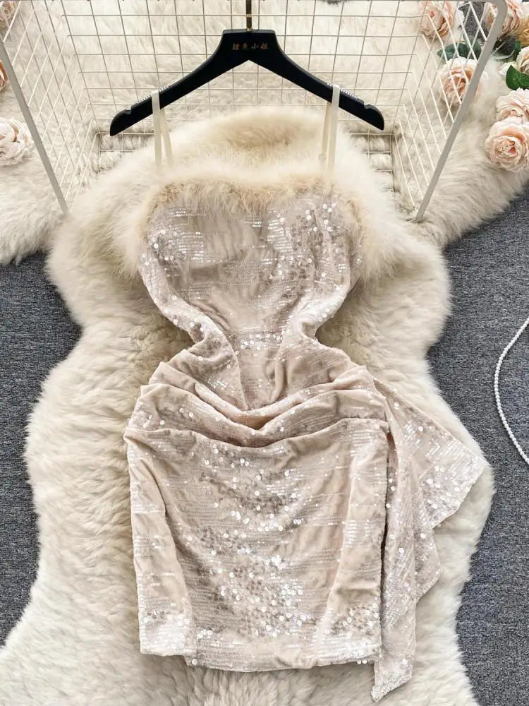 Sexy Beige Sequins Furry Slip Dress for Women - Off Shoulder Backless Mini Dress for Club, Party & Birthday - Fashion Slim Fit Autumn Dress (Also Available in Black & Pink) - Perfect for Night Out, Date Night and Special Occasions
