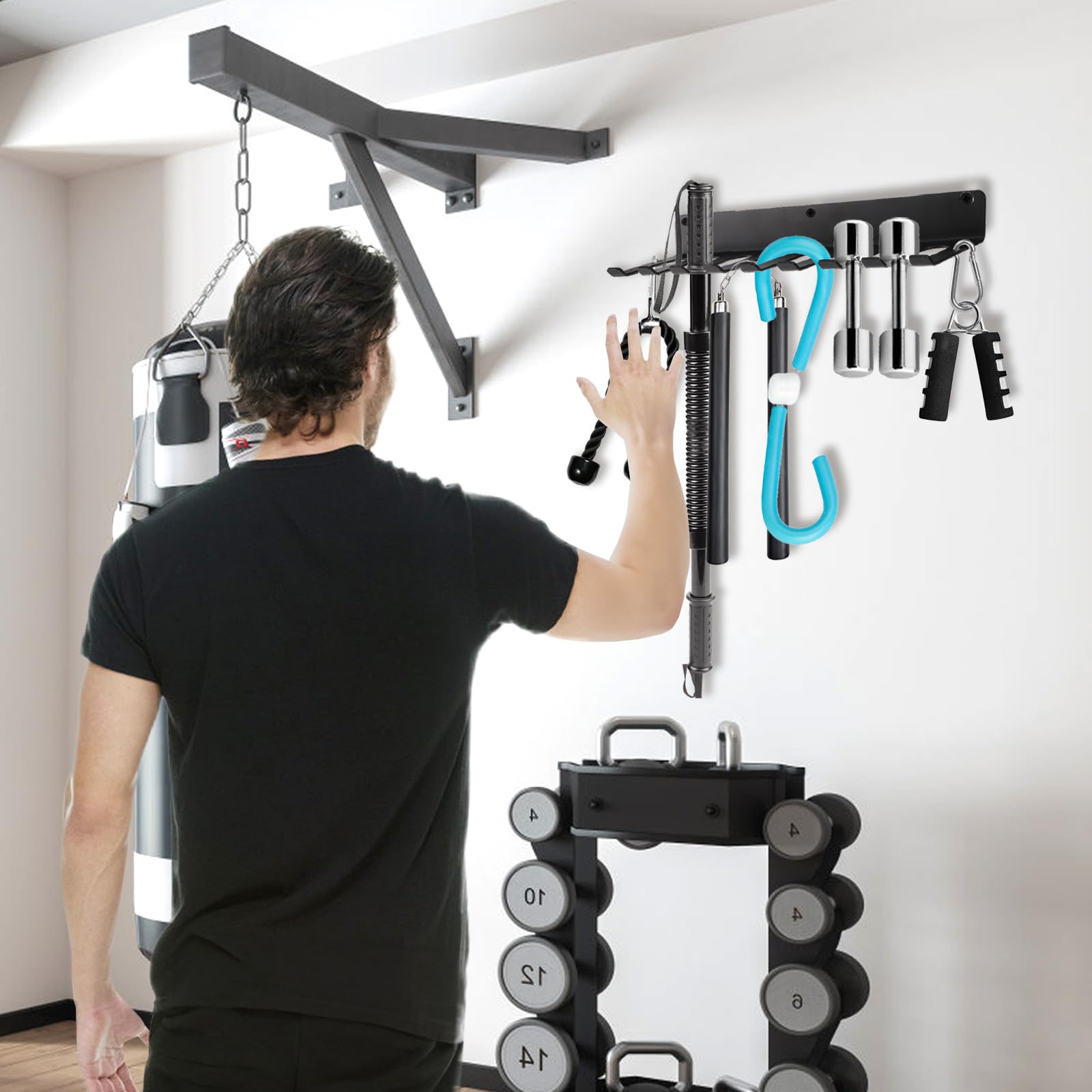 Tebery 9-Hook Wall Mount Gym Storage Rack - Heavy Duty Metal Fitness Equipment Organizer for Exercise Bands, Jump Ropes, Barbells & Lifting Belts - Perfect for Home Gym, Garage & Workout Room Organization