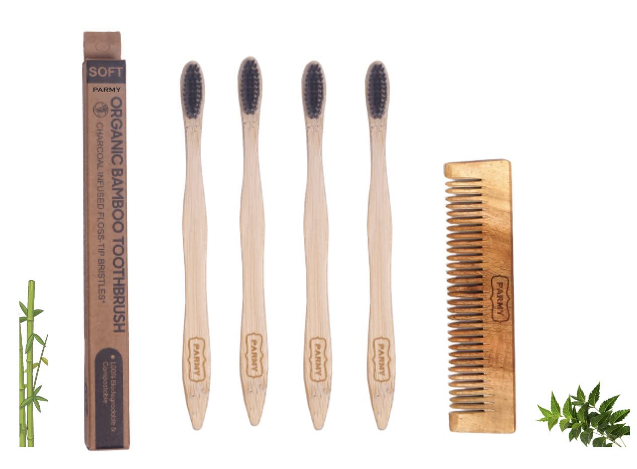 **Organic Neem Wood Comb & Bamboo Toothbrush Set - Handmade Wooden Hairbrush for Dandruff Control & Hair Straightening - Natural Comb & Toothbrush for Men & Women (4 Toothbrushes + 1 Small Comb) - Perfect for Travel, Home & Eco-Friendly Gifts**