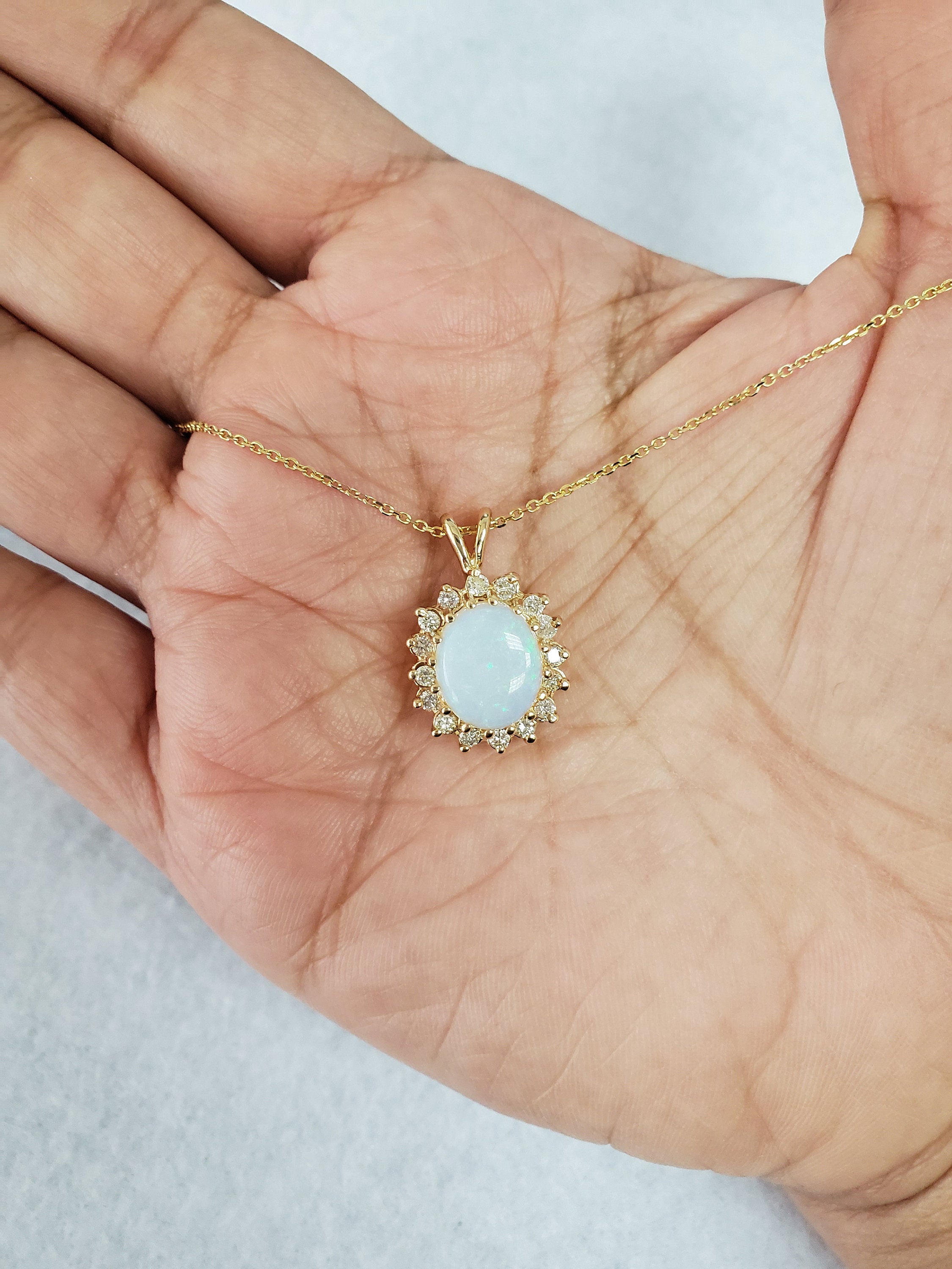 Australian Halo Opal Diamond Necklace - 14K Gold Pendant for Women | Elegant Jewelry Gift for Birthday, Anniversary & Special Occasions