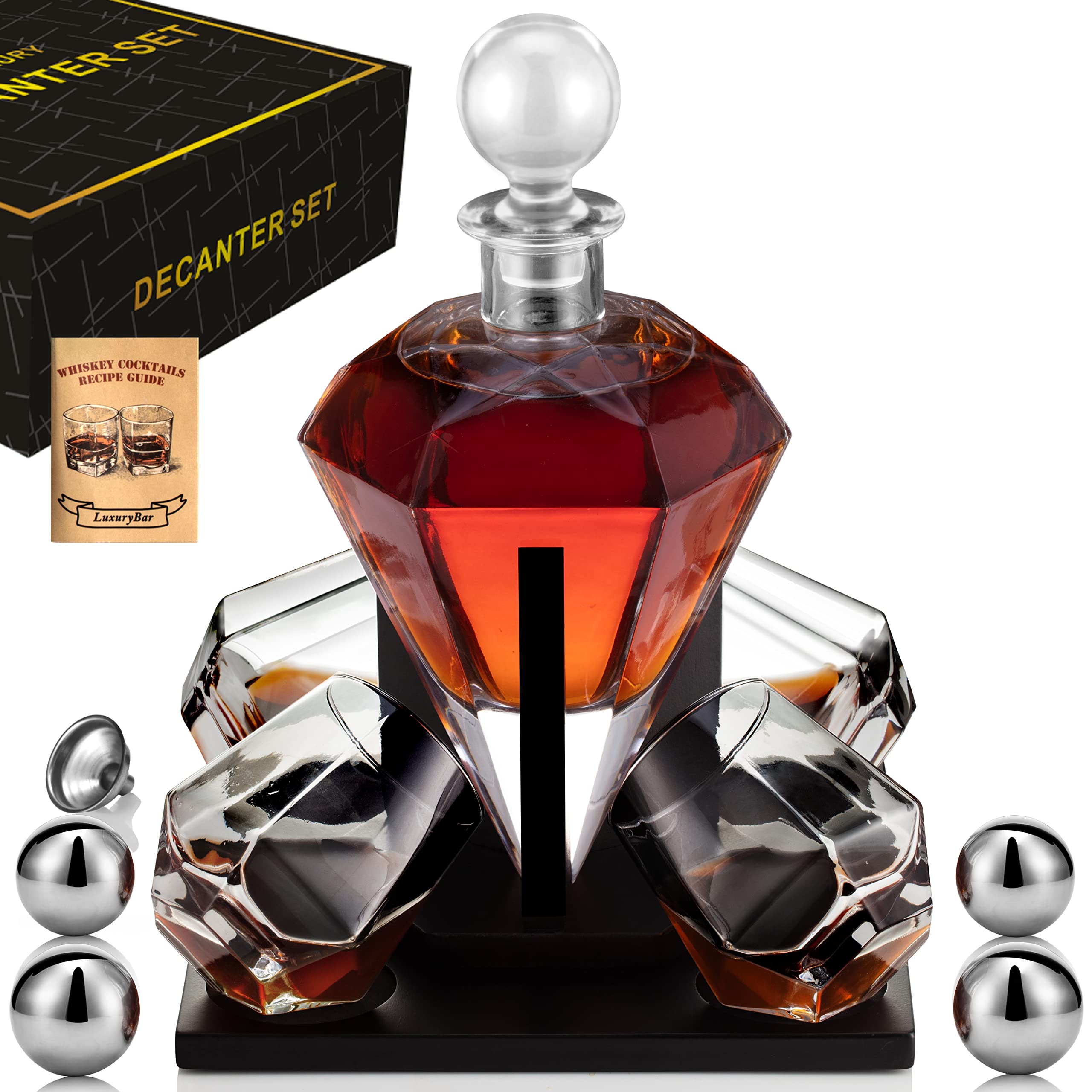 Premium Whiskey Decanter Set with 4 Glasses & ChillBall - Elegant Crystal Liquor Dispenser for Bourbon, Scotch, Tequila & Vodka - Perfect Whisky Gift Set for Men, Dad, Husband - Ideal for Home Bars, Dinner Parties & Special Occasions