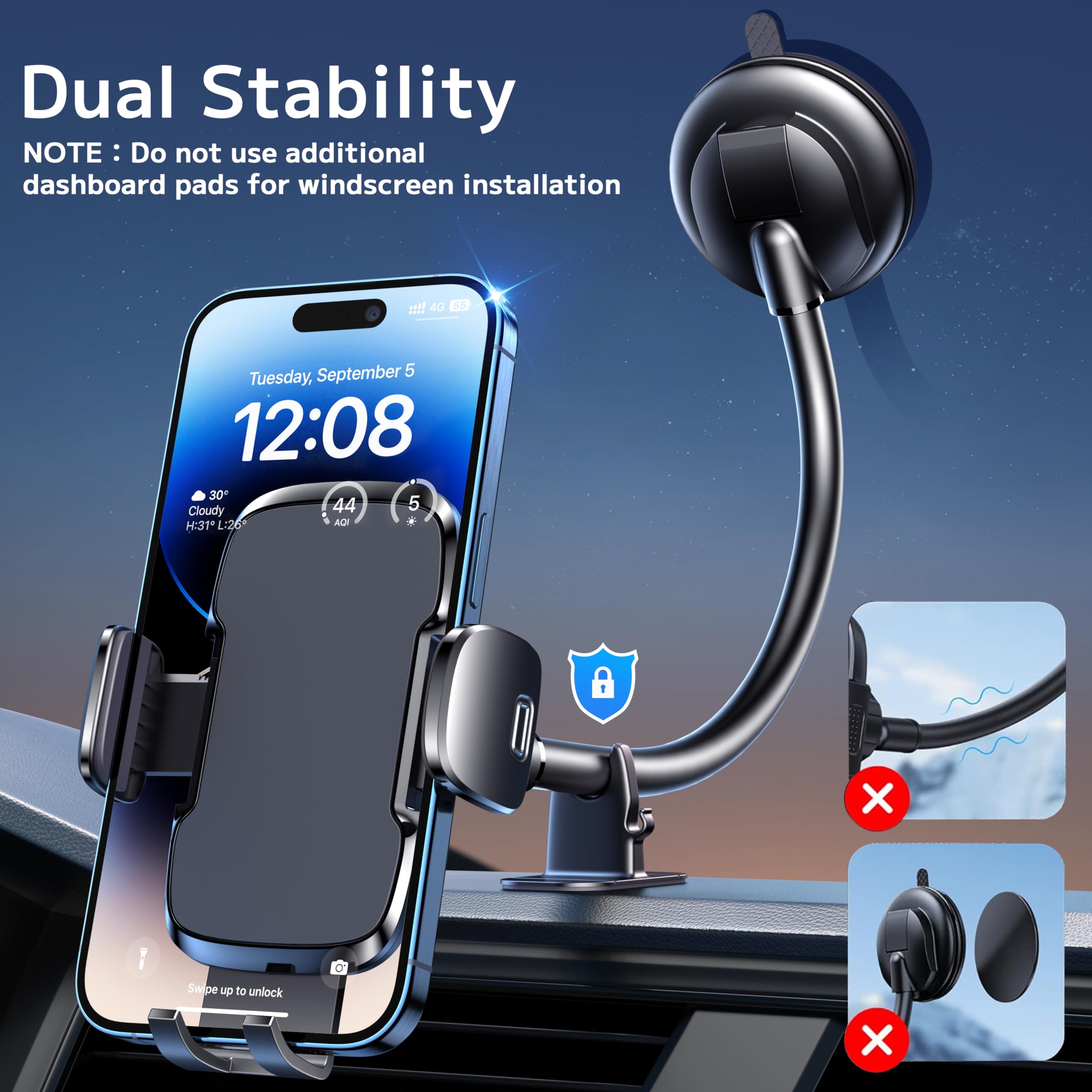 Flexible Car Phone Holder with Strong Suction Cup - for iPhone & Android - Dashboard & Windshield Mount
