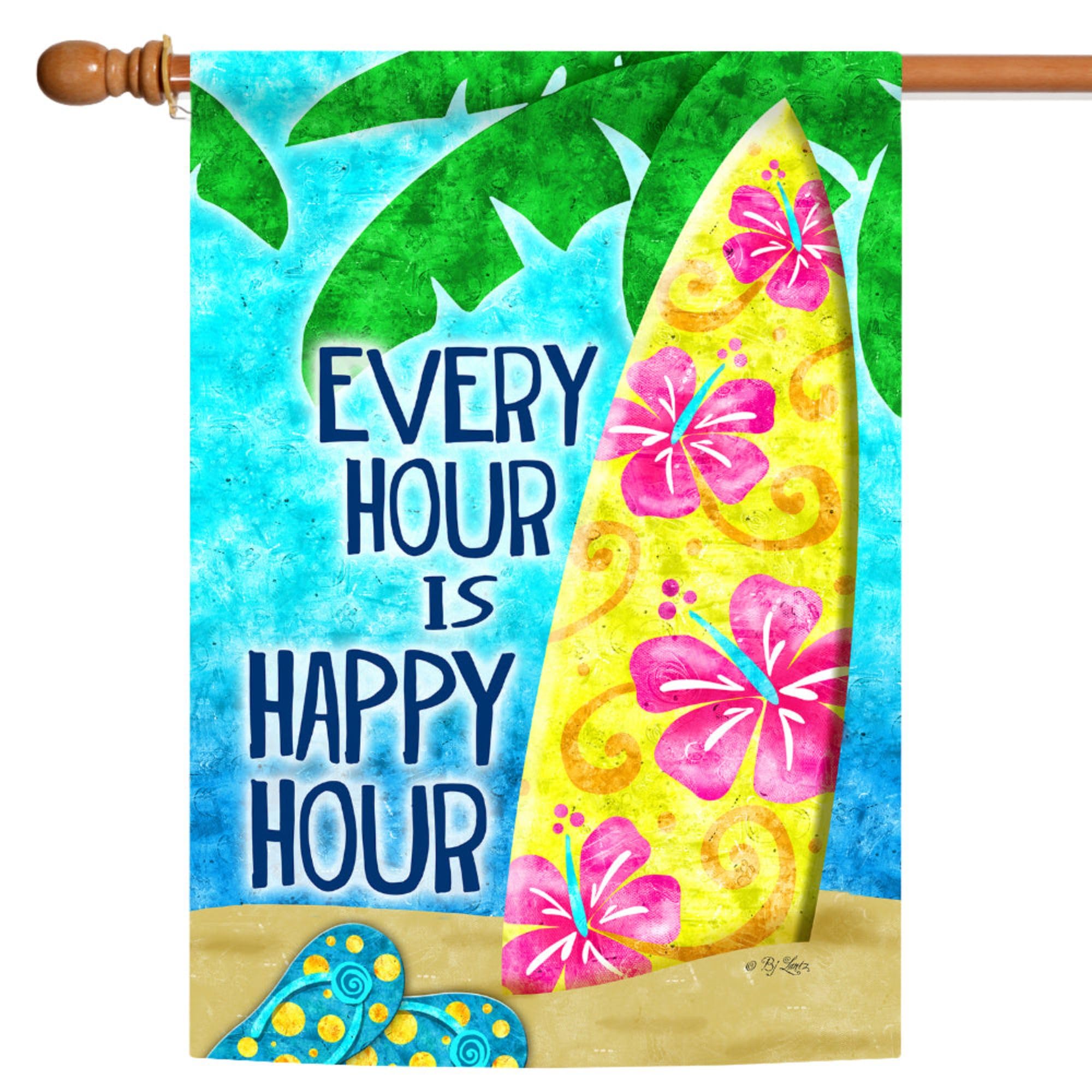 Happy Hour Surf Beach Flag 28x40 Inch - Double Sided Outdoor Garden Flag for Yard Decoration, Housewarming Gift & Coastal Theme Party | Perfect for Beach House, Backyard, Patio & Summer Decor