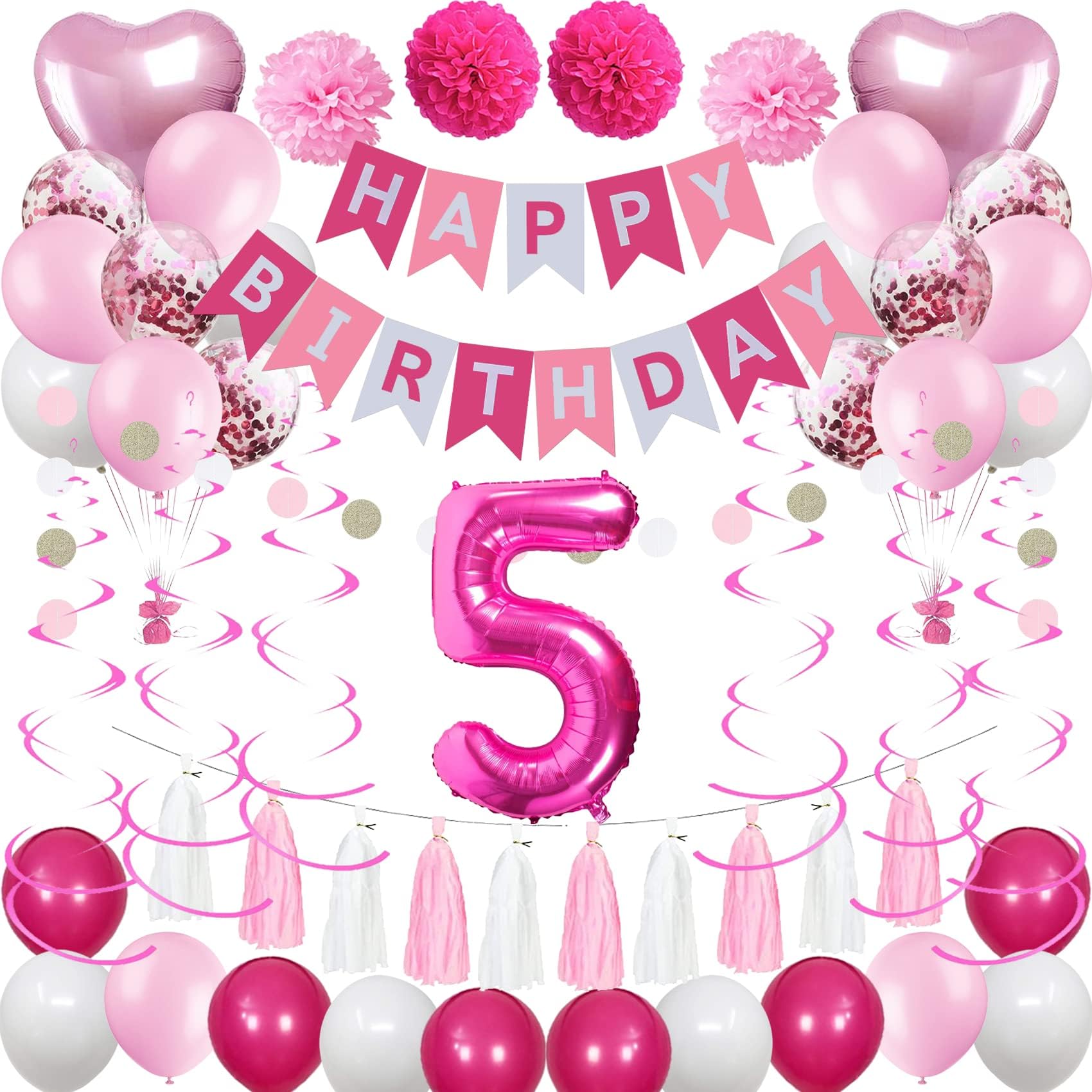 Pink & White 5th Birthday Party Decorations for Girls - 5 Happy Birthday Balloons, Pink Banner, Hot Pink Number 5 Foil Balloons | Perfect for Daughter's 5th Birthday Celebration, Kids Party Supplies, Photo Backdrop & Birthday Decor