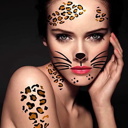 Kotbs Gold Leopard Print Temporary Tattoos - 4 Large Metallic Sheets & 4 Black Cheetah Face Paint Tattoos for Halloween, Parties, Festivals & Costume Makeup | Bold Animal Print Body Art for Women & Teens