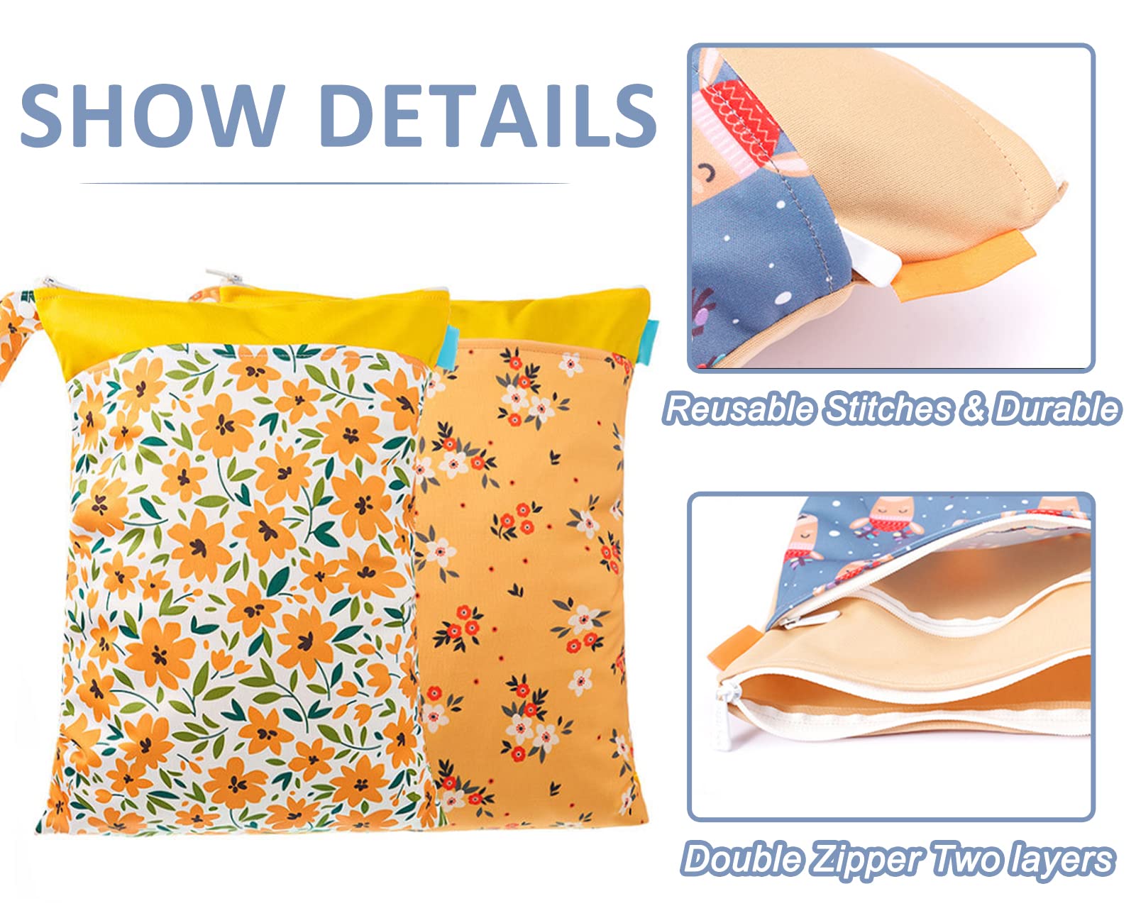 SEAUR Waterproof Reusable Wet Dry Bags for Baby Cloth Diapers - Washable Zipper Pouch for Beach, Pool, Travel, Gym & Daycare Essentials