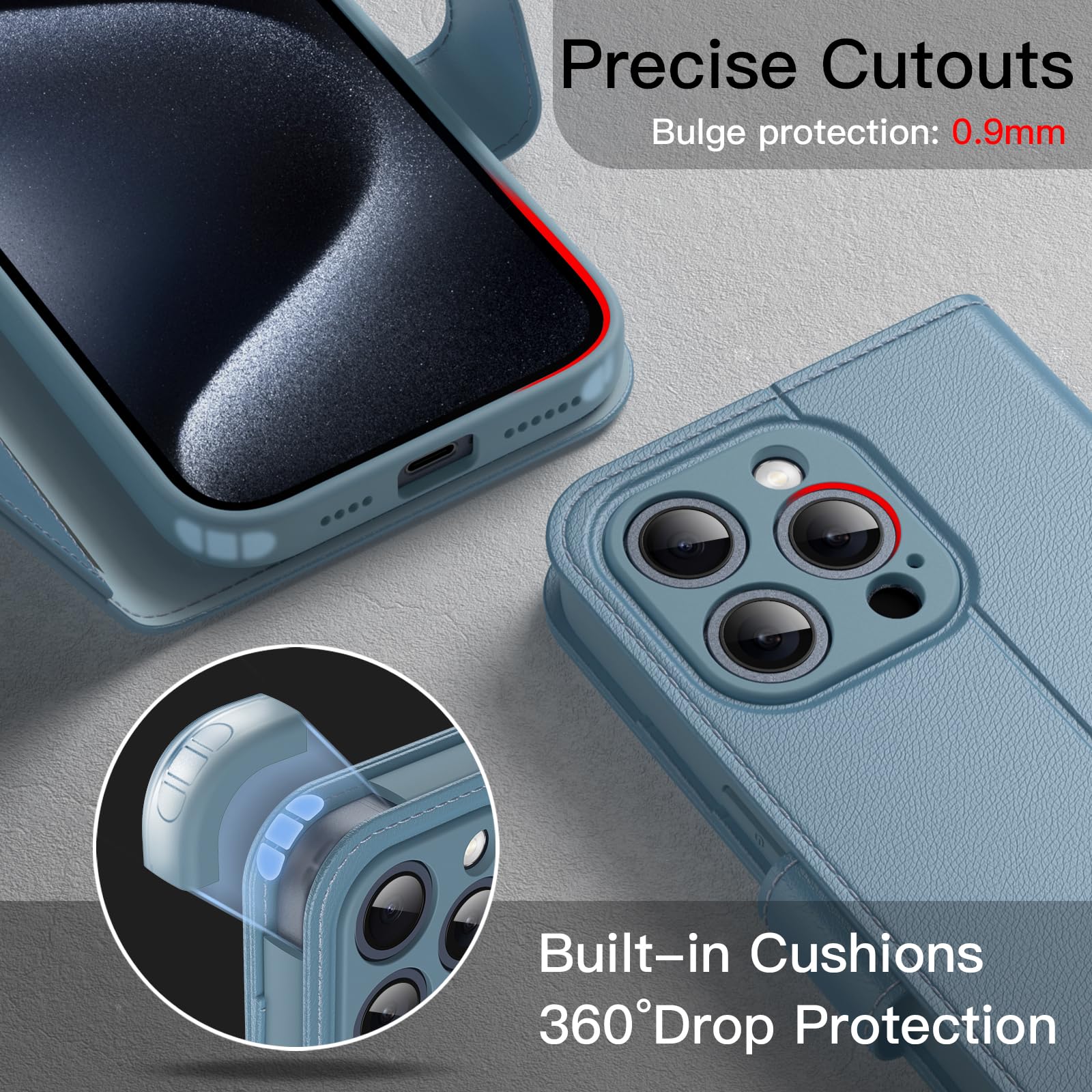 JETech Magnetic Wallet Case for iPhone 15 Pro Max 6.7-Inch - Shockproof PU Leather Flip Cover with Card Holder, Stand Feature & Full Camera Protection (Blue Titanium) | Perfect for Work, Travel & Everyday Use