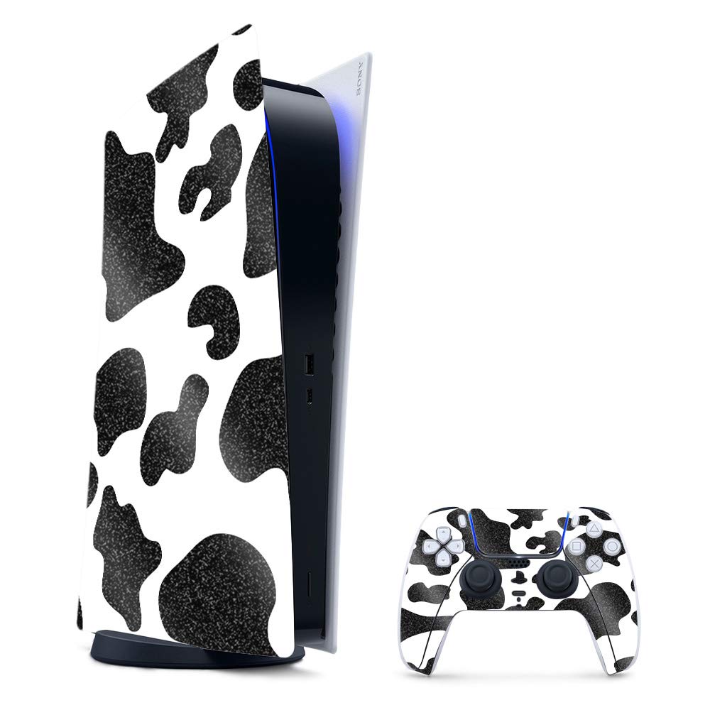 Glossy Glitter PS5 Skin - Cow Print | Durable Gaming Cover for Playstation 5 Digital Edition | Easy to Apply for Home Gaming Setup