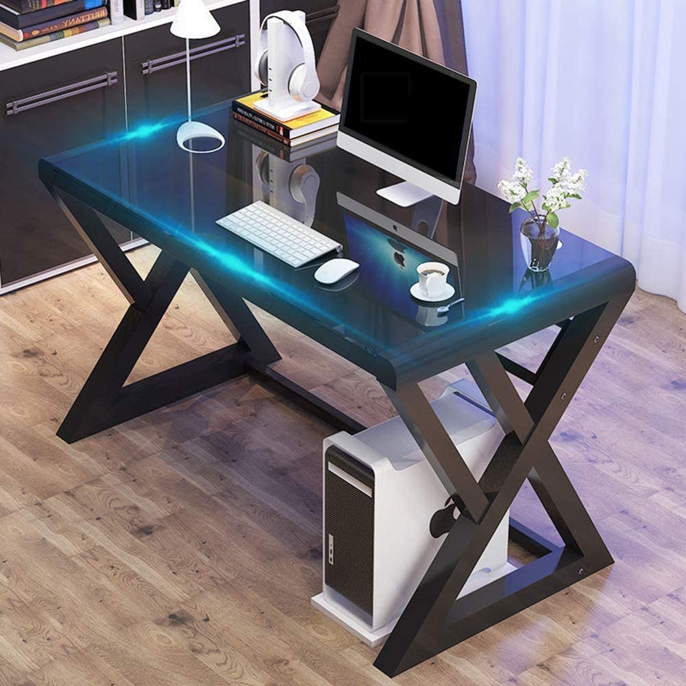 Modern Glass Top Computer Desk with Metal Frame - 55.1