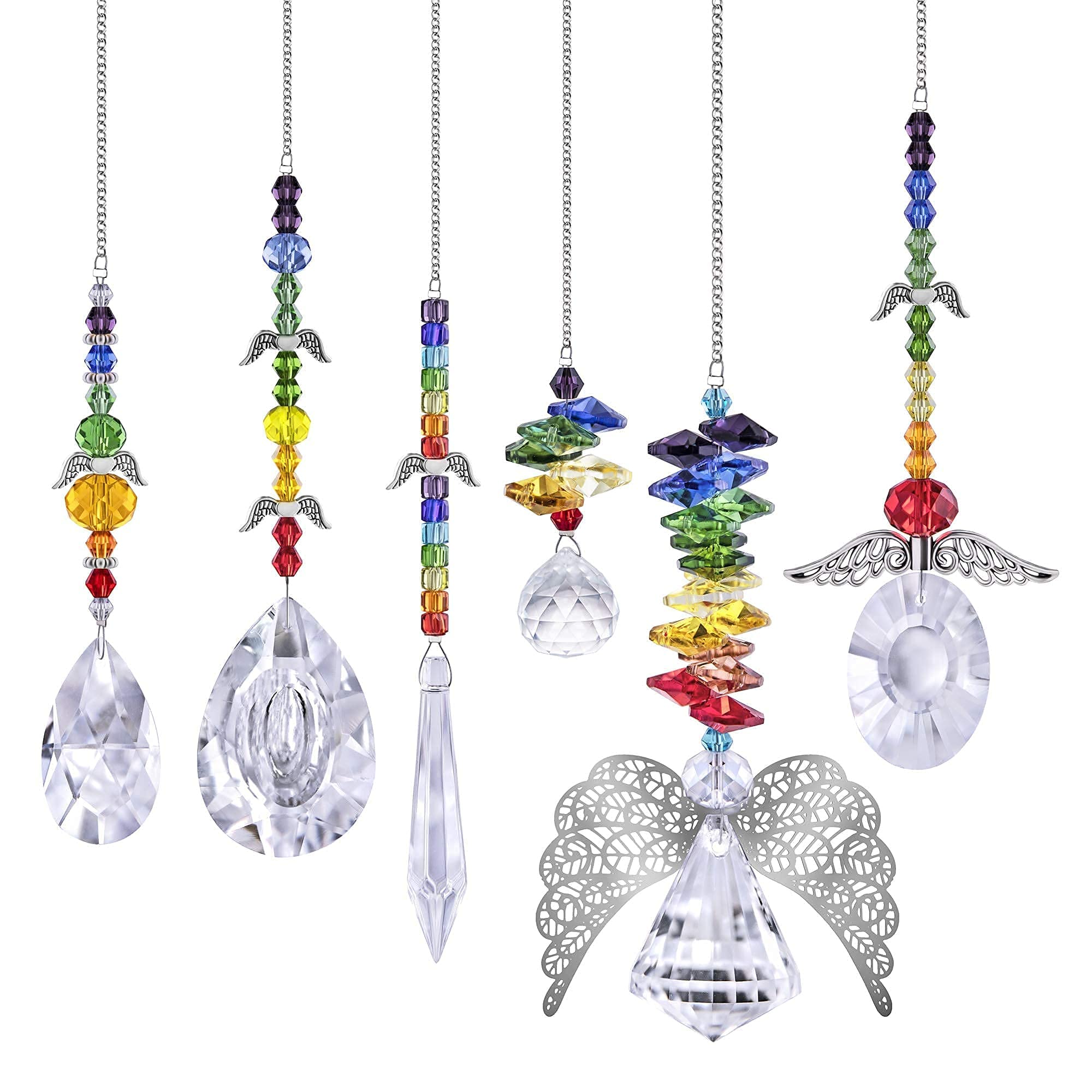 6 Pack Multicolor Crystal Suncatchers - Hanging Rainbow Maker Angel Pendant with Beads for Window Decor | Perfect for Home, Garden, Nursery & Gift Giving