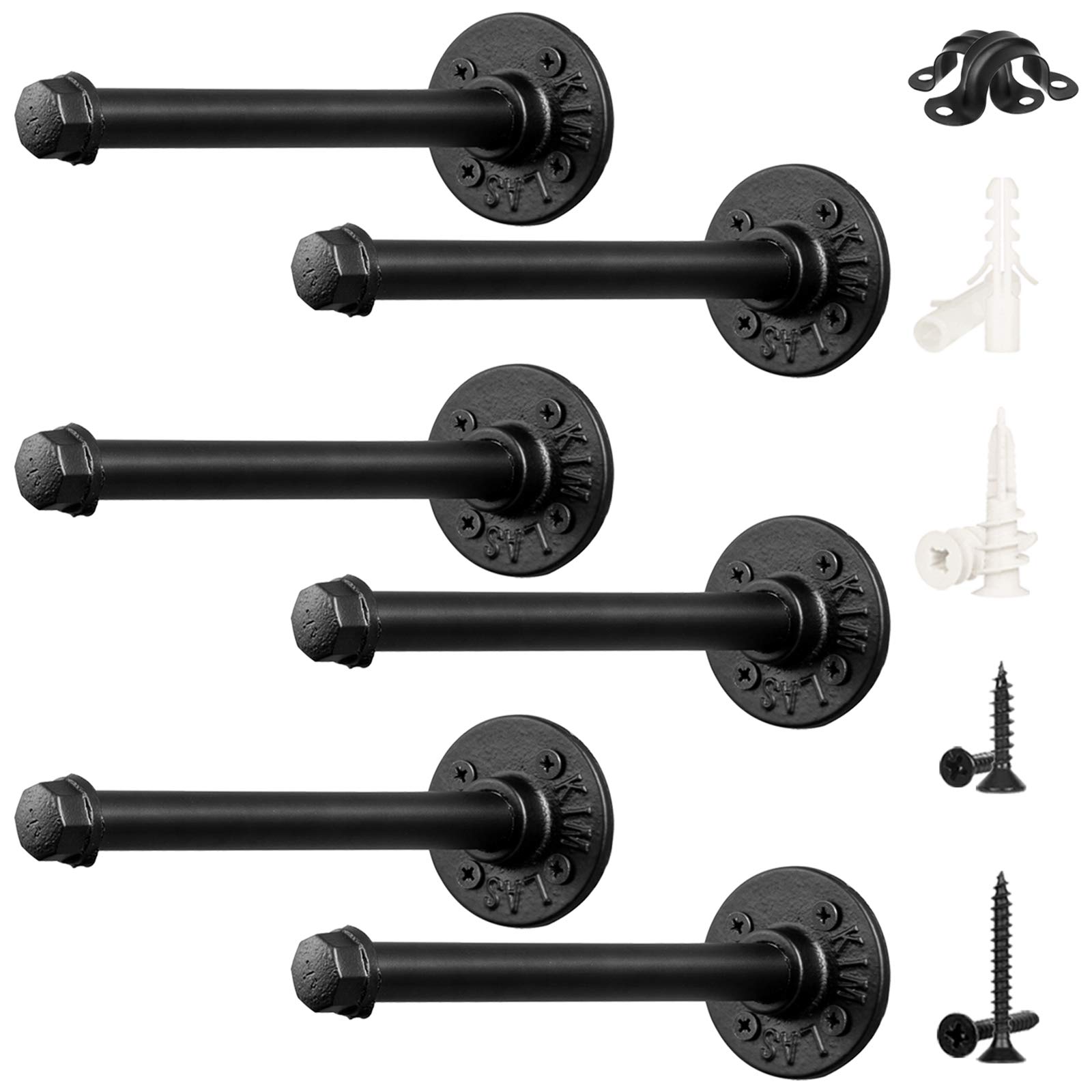 8-Inch Heavy Duty Iron Pipe Shelf Brackets for DIY Floating Shelves - Industrial Style Metal Shelving Supports (6 Pack, Black) - Perfect for Home Office, Kitchen, Bathroom & Garage Storage Organization