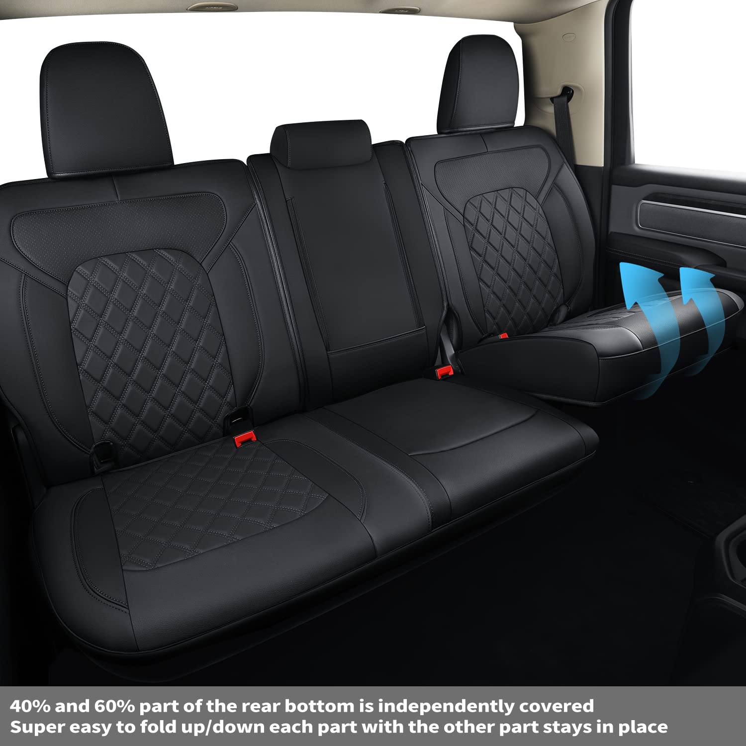 FEELiT Waterproof Seat Covers for Ram 1500 2019-2025 Crew Cab - Custom Fit Protectors for Bighorn/Laramie/Limited/Longhorn Pickup Trucks with 4/6 Split Flat Rear Seat (Full Set, Black) | Durable All-Weather Protection for Work & Outdoor Adventures