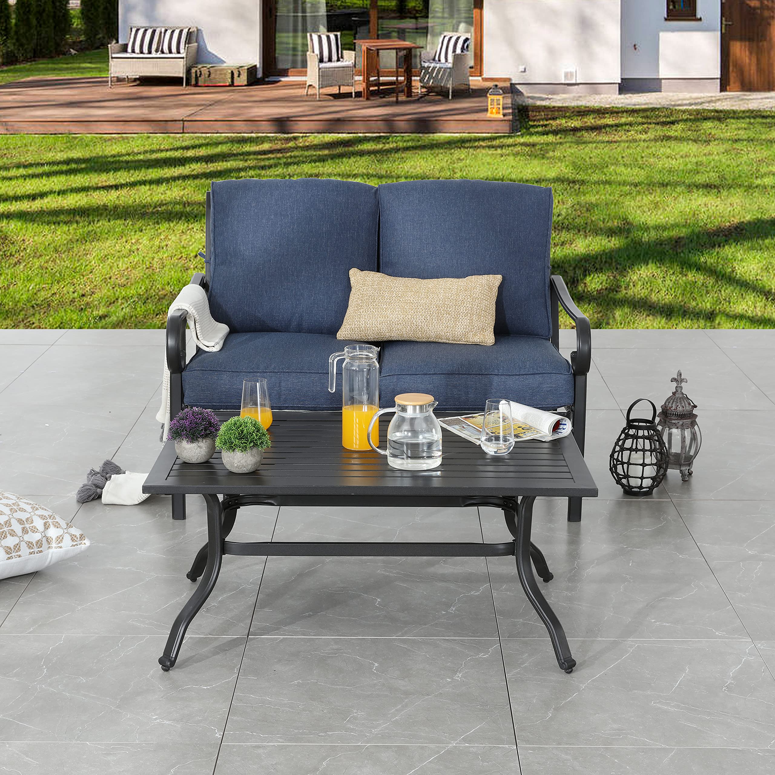 PatioFestival 2-Person Outdoor Loveseat Bench with 6.3 Inch Cushion & Coffee Table - All-Weather Steel Frame Patio Furniture for Garden, Deck, Backyard & Poolside Relaxation