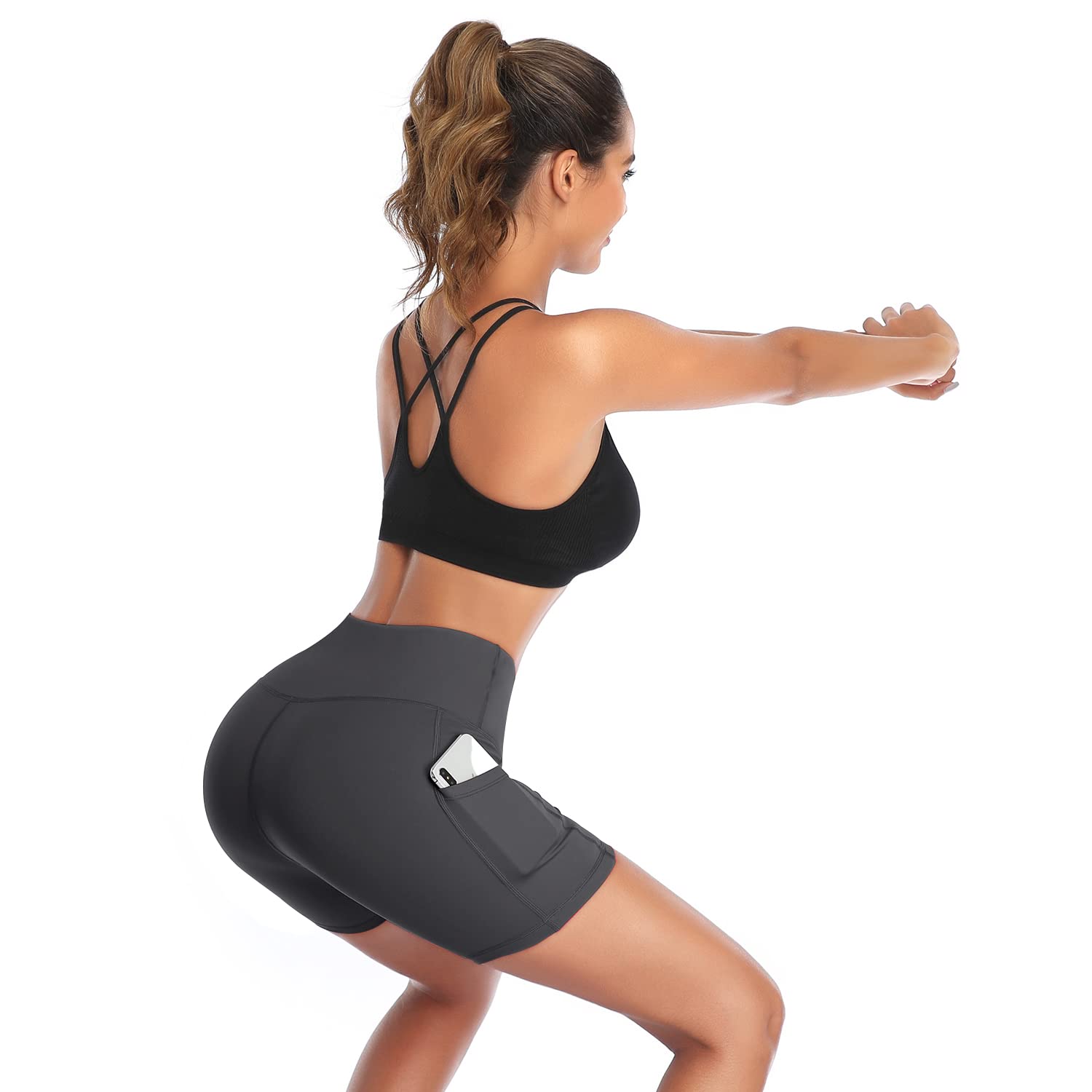 DAYOUNG Women's High Waist Yoga Shorts with Tummy Control - Workout Biker Running Athletic Compression Shorts with Pockets for Gym, Yoga & Outdoor Activities