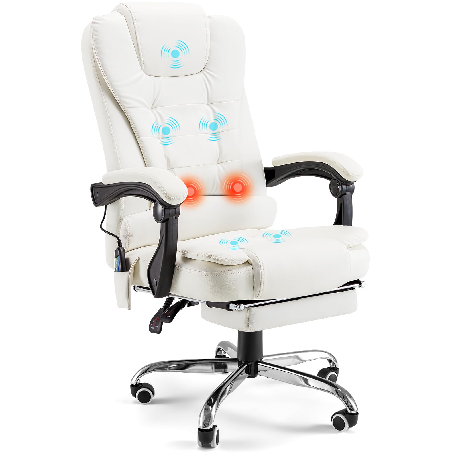Premium Ergonomic Reclining Office Chair with 7 Massage Points & Heating Function - High Back Executive Desk Chair with Retractable Footrest - 360° Swivel Computer Chair for Home & Office (White) - Perfect for Long Work Hours, Gaming & Relaxation