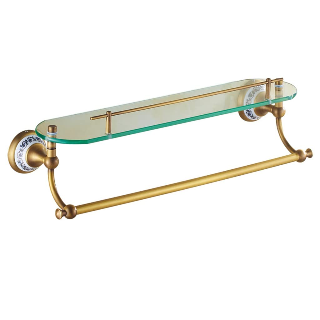 European Retro Floating Shelf - Tempered Glass Bathroom Shelf with Towel Bar, Wall Mounted Shower Storage Organizer, 53cm Gold - Perfect for Bathroom, Kitchen, Living Room Decor & Organization