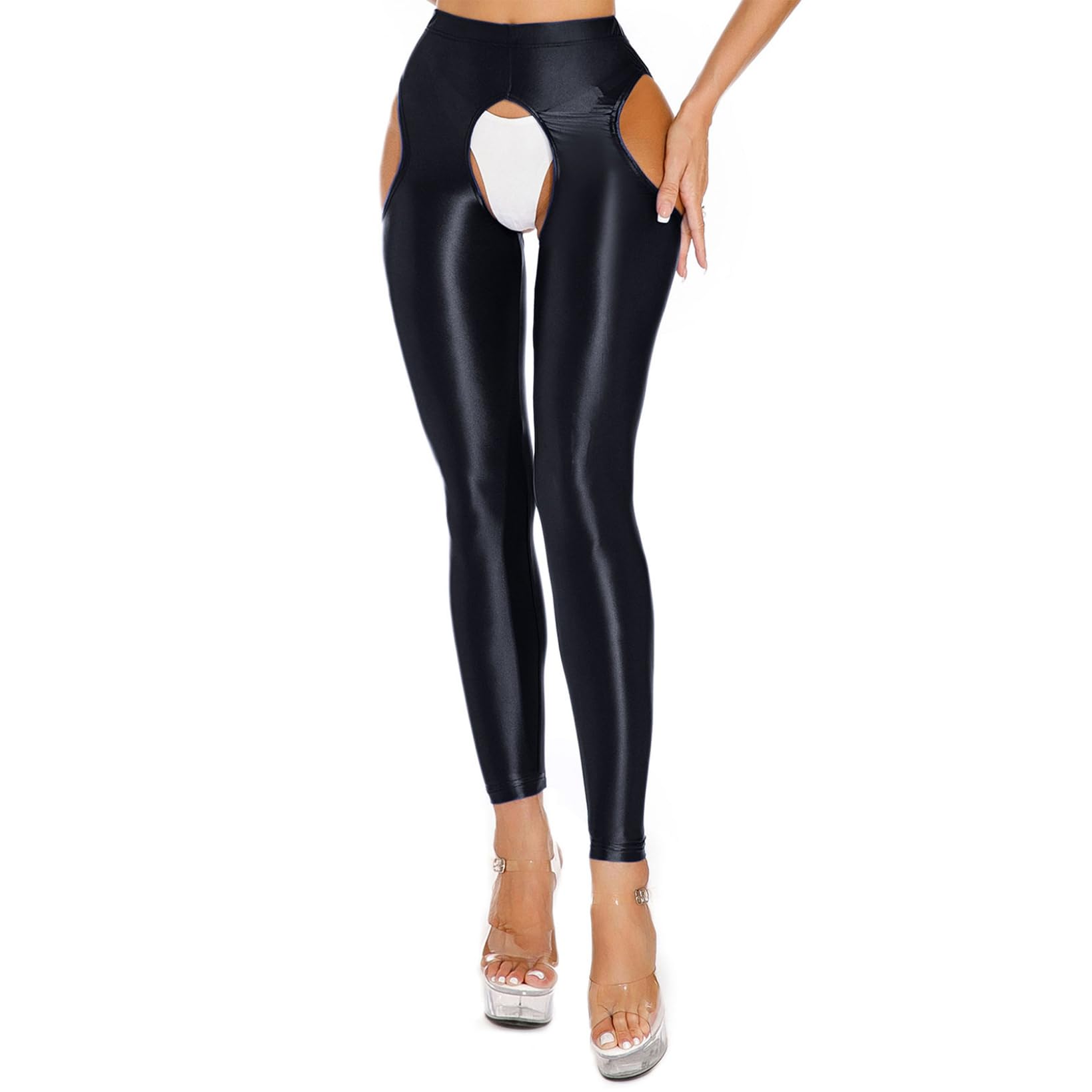 Sexy Crotchless Yoga Pants for Women - Shiny Stretchy Leggings & Pantyhose - Perfect for Dance, Fitness & Intimate Wear