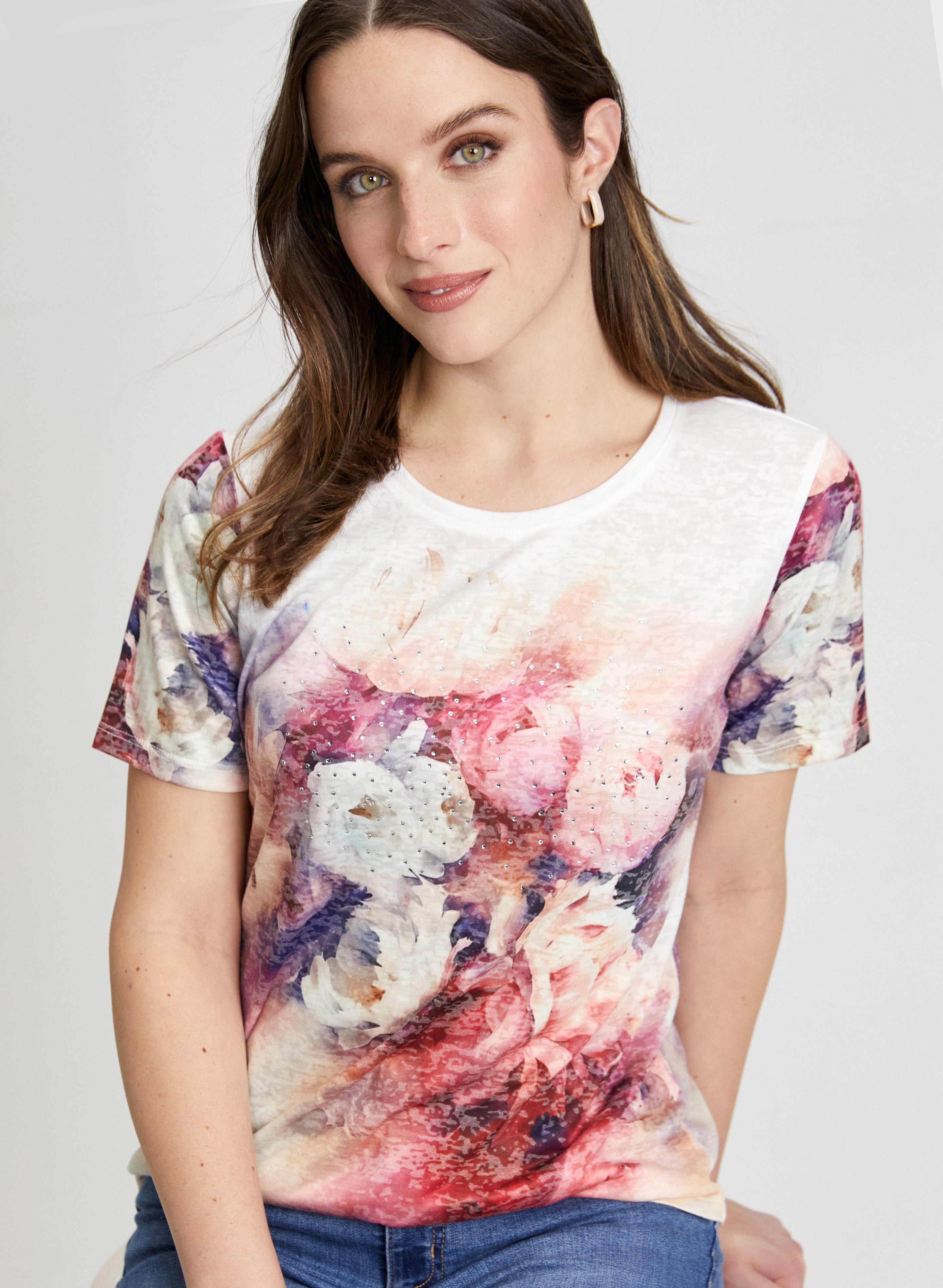 Floral Print Burnout Tee - Women's Fashion Vintage Style Soft Cotton T-Shirt for Casual Wear, Summer Outfits & Boho Style