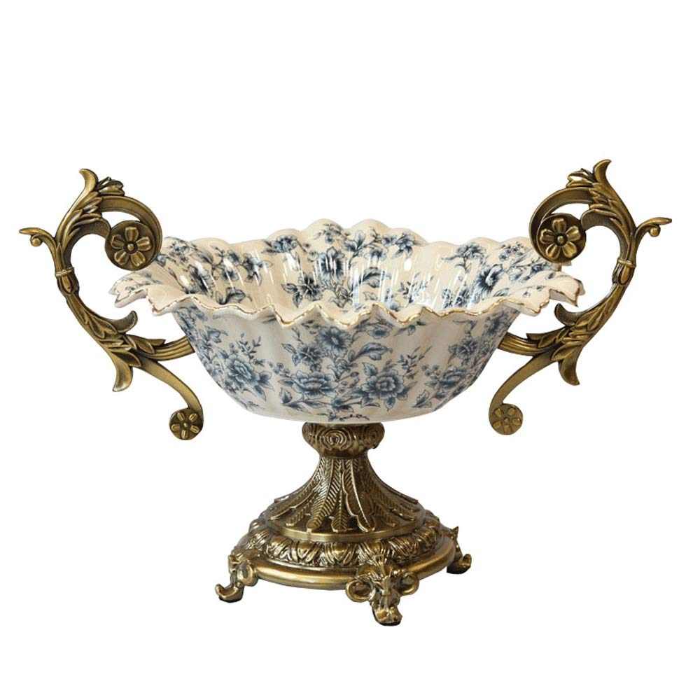 Vintage European Ceramic Fruit Bowl with Metal Handle - 17 Inch Blue Floral Decorative Countertop Basket for Kitchen & Dining Room | Perfect for Fruit Display, Kitchen Storage, and Home Decor