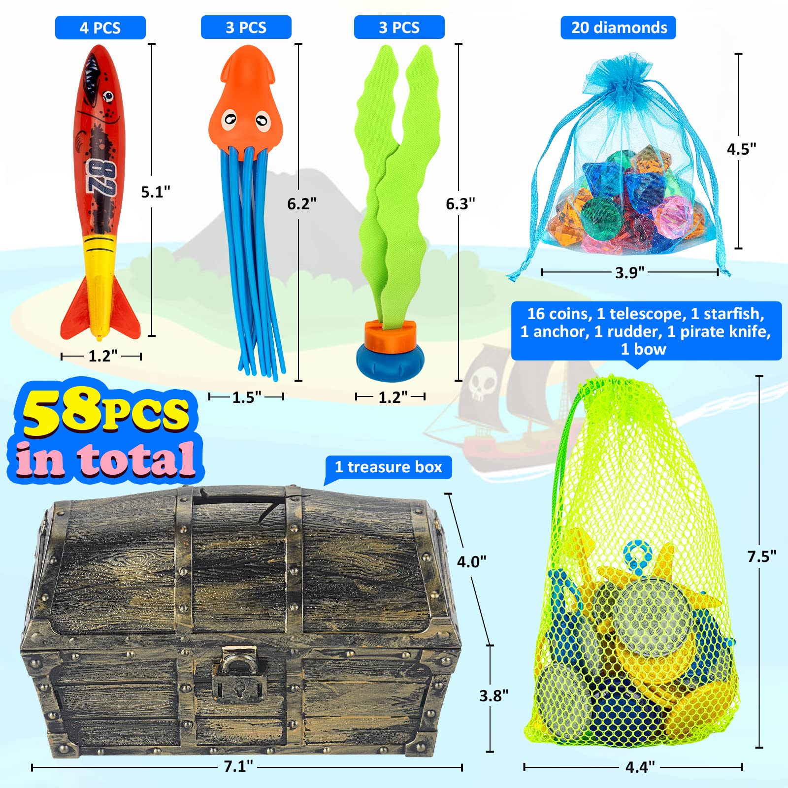**58Pcs Pool Diving Toys Set with Treasure Chest, Torpedoes, Gems & More - Fun Underwater Adventure for Kids 3+ (Bronze) - Perfect for Pool Parties, Summer Fun & Swimming Games**