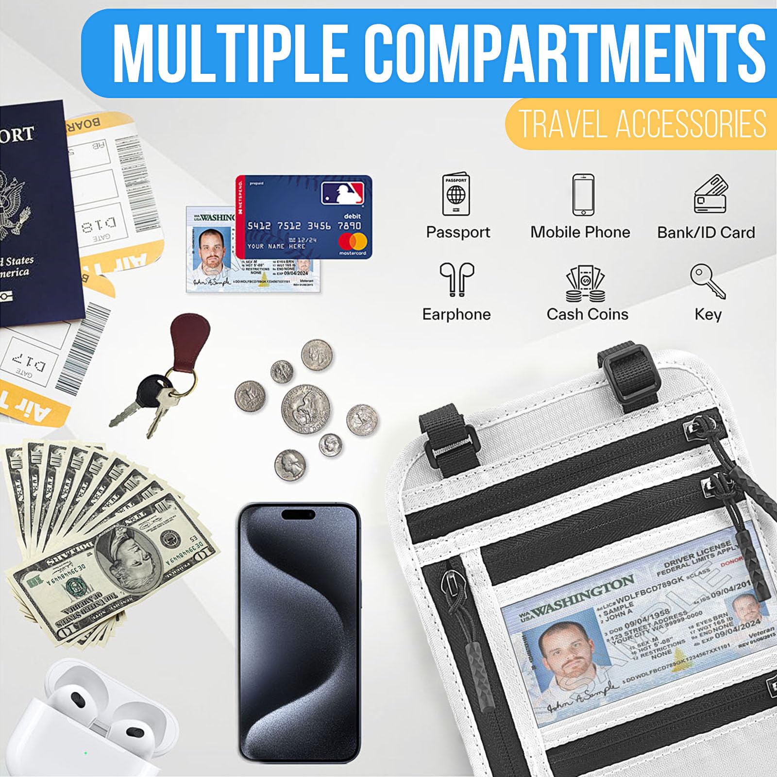 TOPBAG RFID Blocking Passport Holder - Slim Travel Wallet for Women & Men, Anti-Theft Document Organizer with Adjustable Strap & Neck Pouch | Secure ID Protection for Airports, Vacations & Business Trips