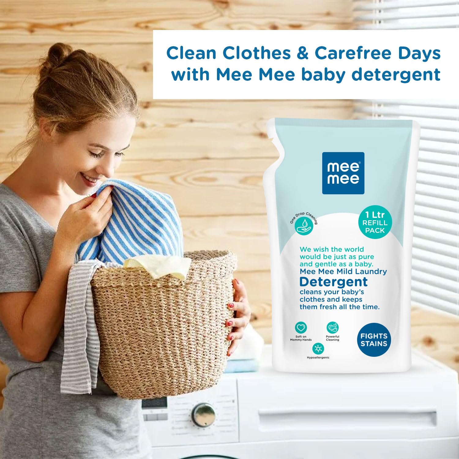 Mee Mee Baby Liquid Laundry Detergent 1L - Hypoallergenic, Ph Balanced & Chemical-Free | Gentle on Baby Skin & Mom's Hands | Antibacterial Stain & Odor Remover | Perfect for Newborn Clothes, Blankets & Sensitive Skin Care