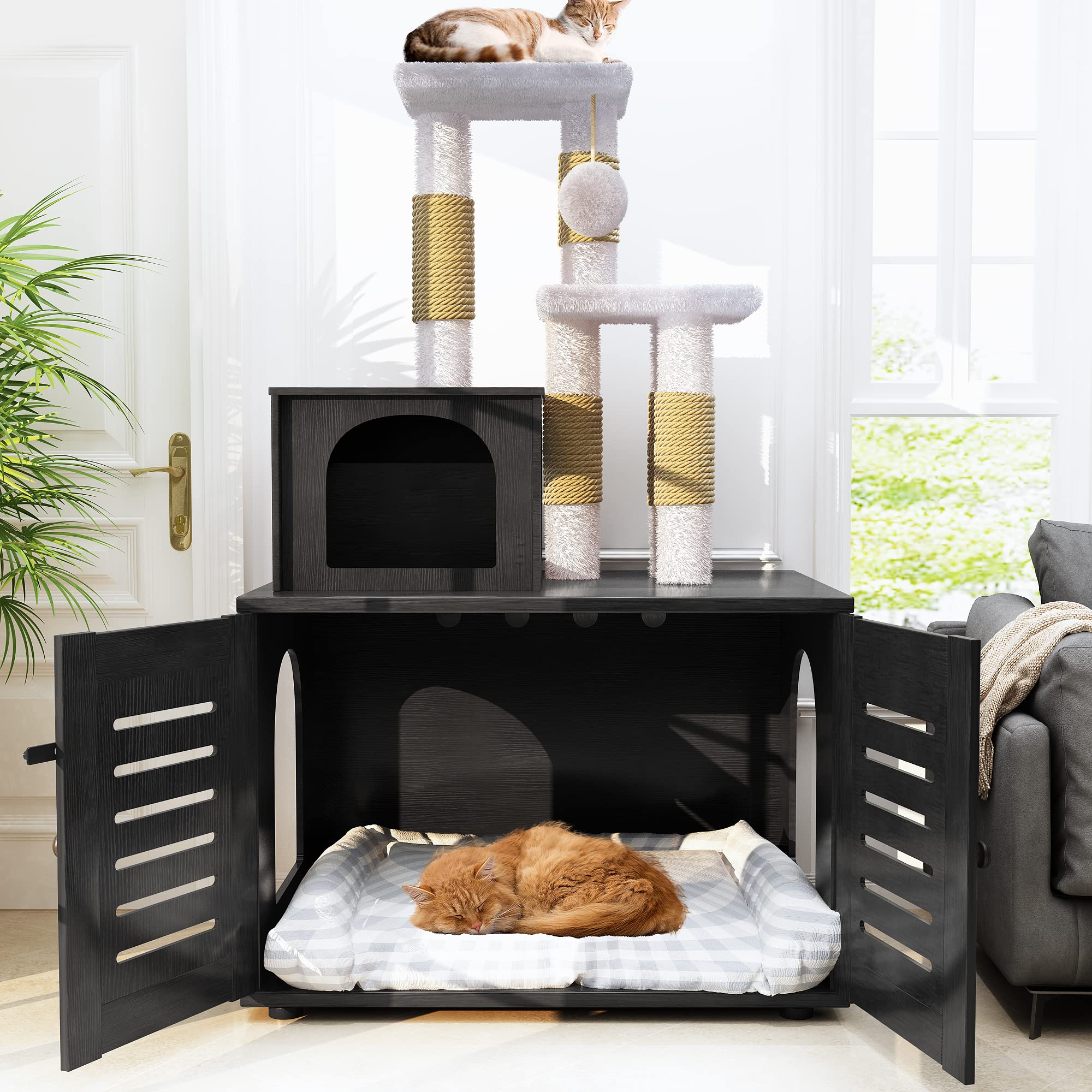 Recaceik Wooden Cat Litter Box Enclosure with Cat Tree - Hidden Washroom Furniture with Divider, Scratching Post & Plush Perch - Indoor Pet Cabinet for Small Spaces (Black) | Perfect for Apartments & Multi-Cat Homes