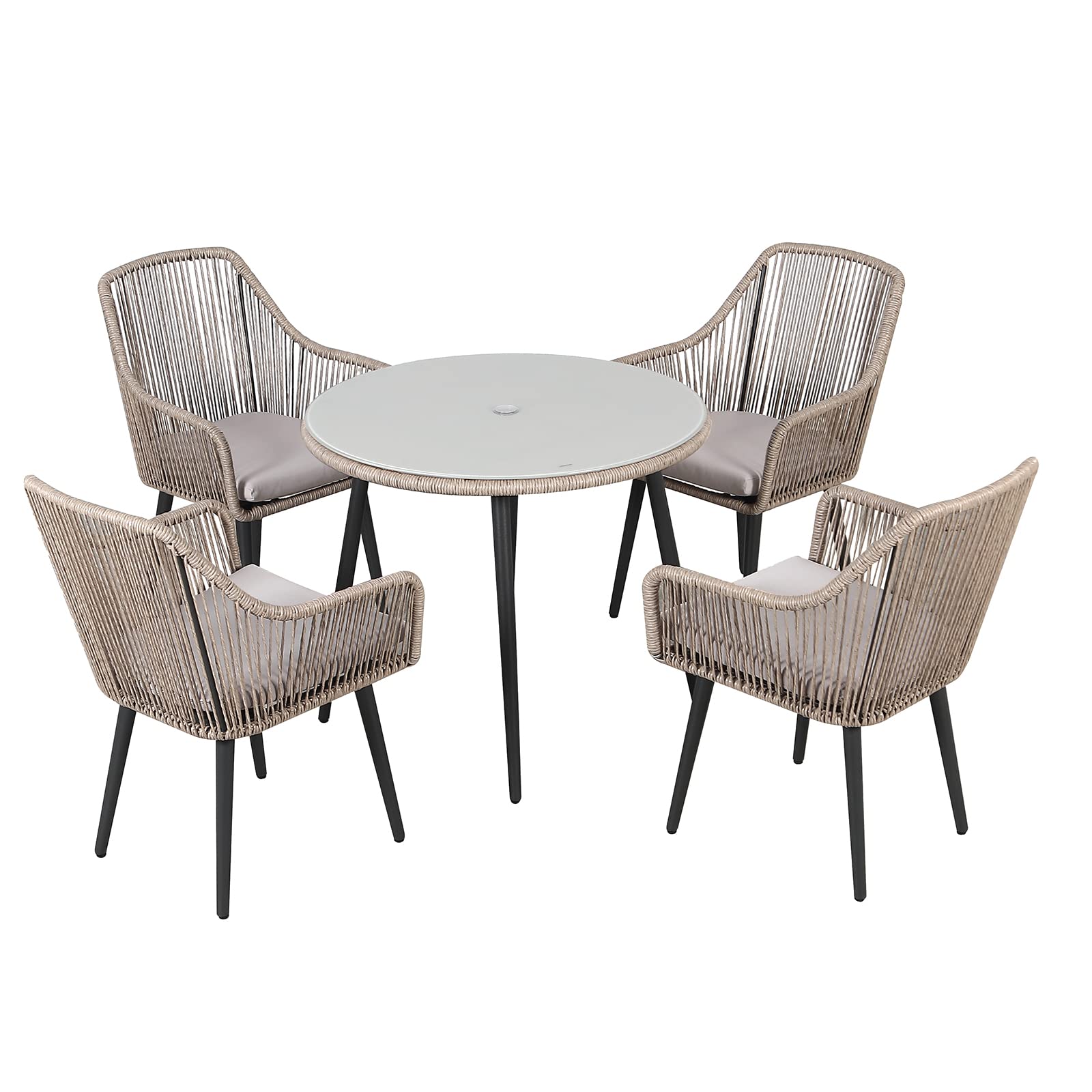 35'' Round Patio Dining Table - All-Weather Rattan Wicker with Tempered Glass Top & Umbrella Hole - Outdoor Coffee Table for Garden, Poolside, Backyard, Restaurant (Tan) | Perfect for Al Fresco Dining, Pool Parties & Outdoor Entertaining