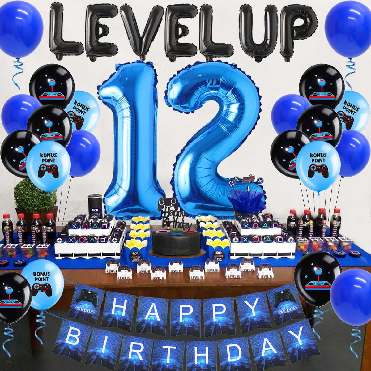 Kreatwow 12th Birthday Party Decorations - Video Game Themed Blue Party Supplies for 12 Year Olds with Controller Balloons, Cake Topper & Banner | Perfect for Boys & Girls Gaming Birthday Celebrations at Home or School