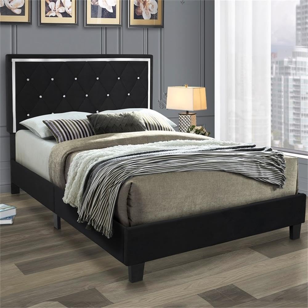 Pemberly Row Modern Velvet Upholstered Queen Size Platform Bed Frame - Black Luxury Bedroom Furniture for Master Bedroom & Guest Room