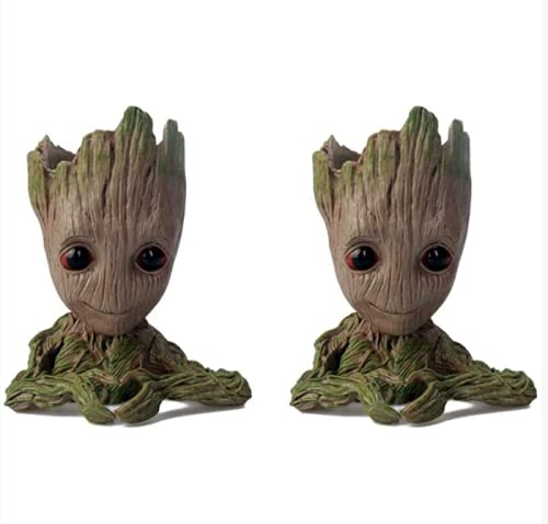 Baby Groot Flower Pot - 2 Pack Mini Succulent Planters with Pen Holder, Cute Desktop Decor for Office & Home, Unique Birthday Gift Idea for Plant Lovers - Perfect for Desk Organization, Small Space Decor & Gift Giving