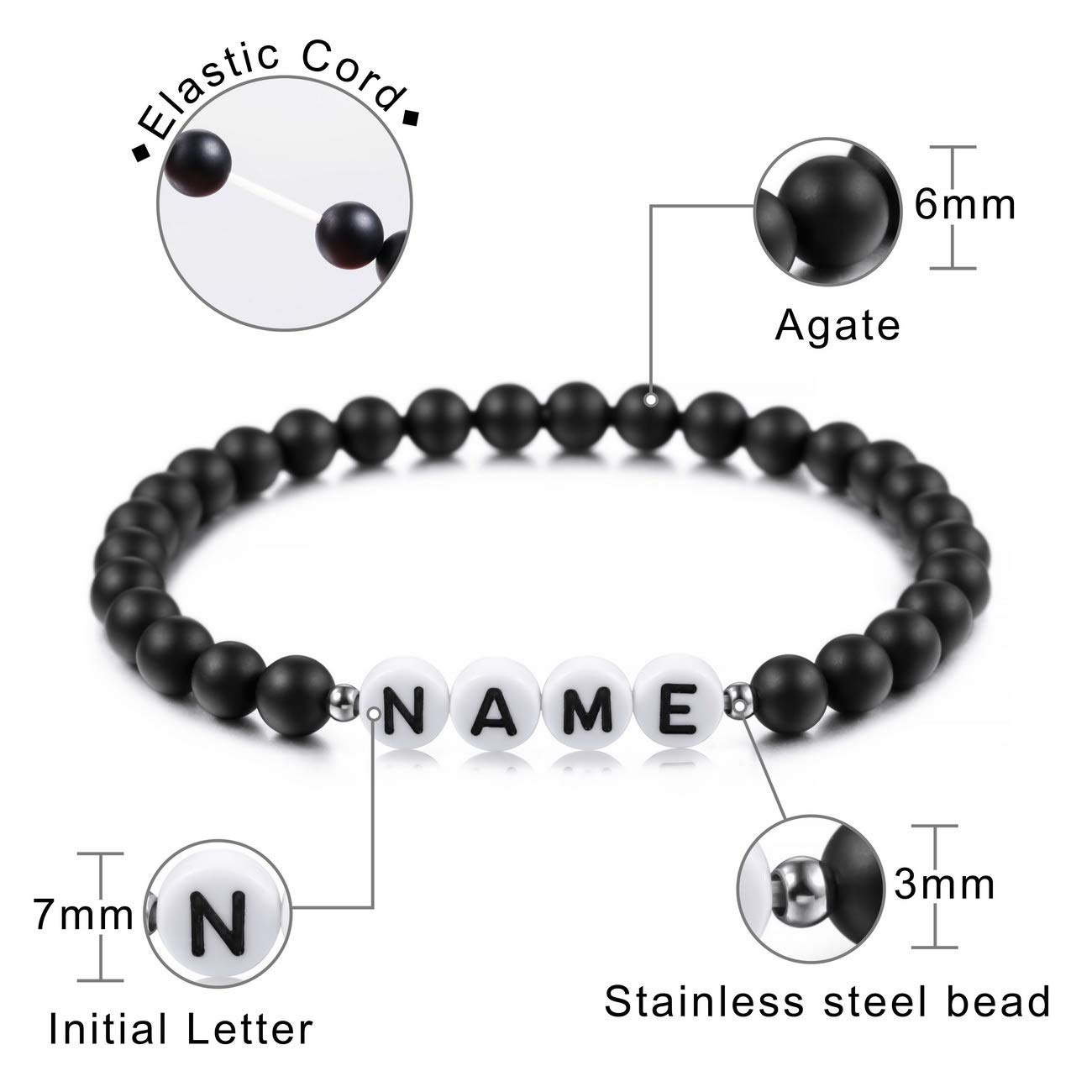 Personalized Initial Bracelet for Couples - Custom Engraved Letter Name Bracelet for Boyfriend, Girlfriend, Men & Women - Handmade Black Natural Agate Ankle Bracelet - Unique Friendship Gift for Anniversary, Valentine's Day & Special Occasions