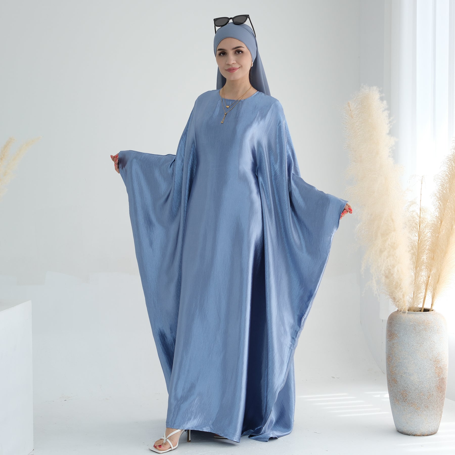 Elegant Blue Butterfly Satin Abaya Dress for Women - Modest Islamic Prayer Dress & Special Occasion Wear