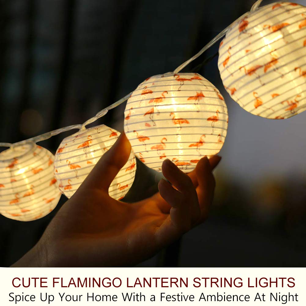 Bright Zeal 20ft Round Outdoor LED Christmas Lantern String Lights - Battery Powered Waterproof Fairy Lights for Garden, Patio, Yard - 2 Pack 10ft Flamingo Decorative Lanterns for Wedding, Party, Bedroom, Porch Decor