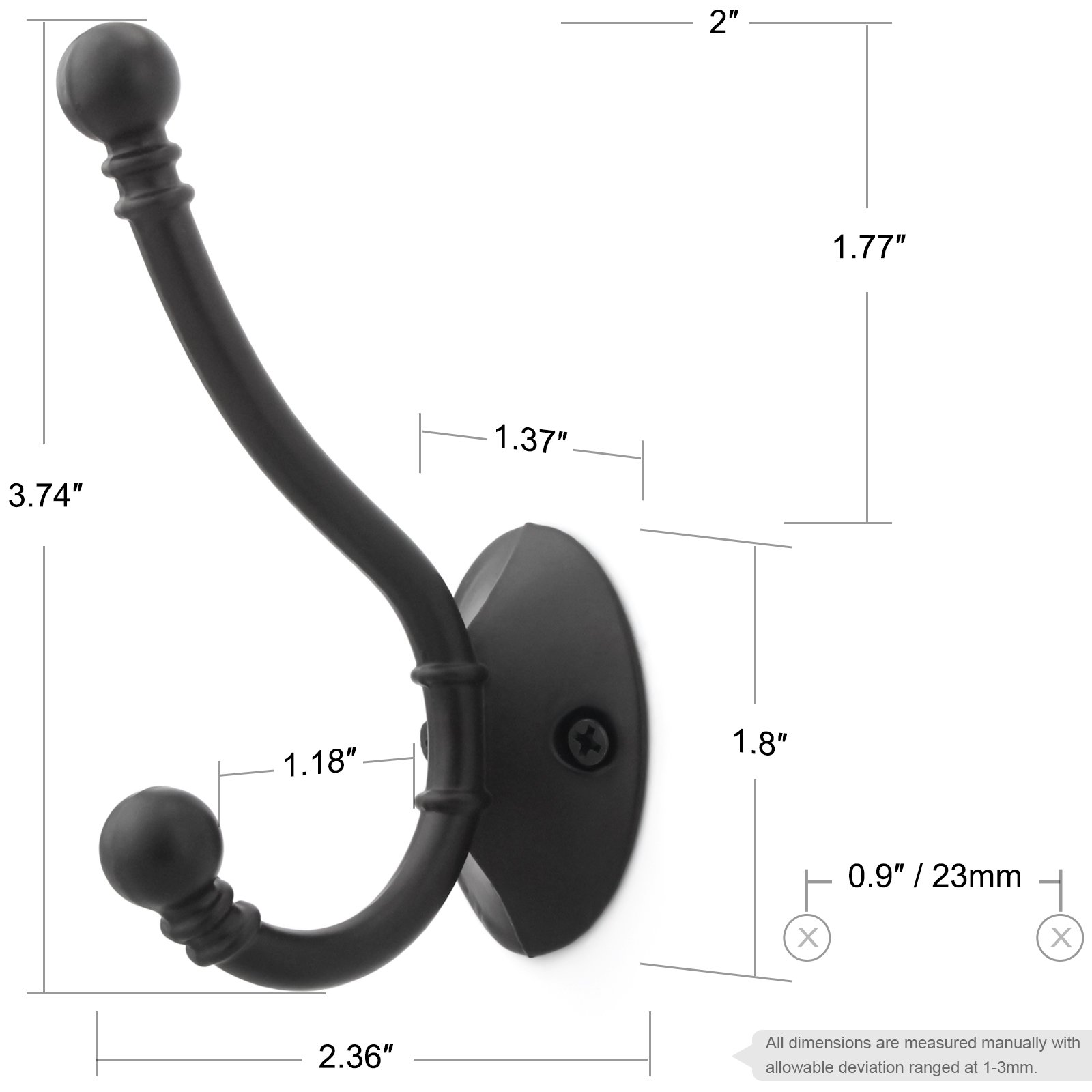 6-Pack Heavy Duty Double Prong Wall Hooks - 3.75 Inch Retro Coat & Hat Hangers with Ball Ends, Flat Black Finish (Includes Screws) - Perfect for Entryway, Mudroom, Closet & Bathroom Organization