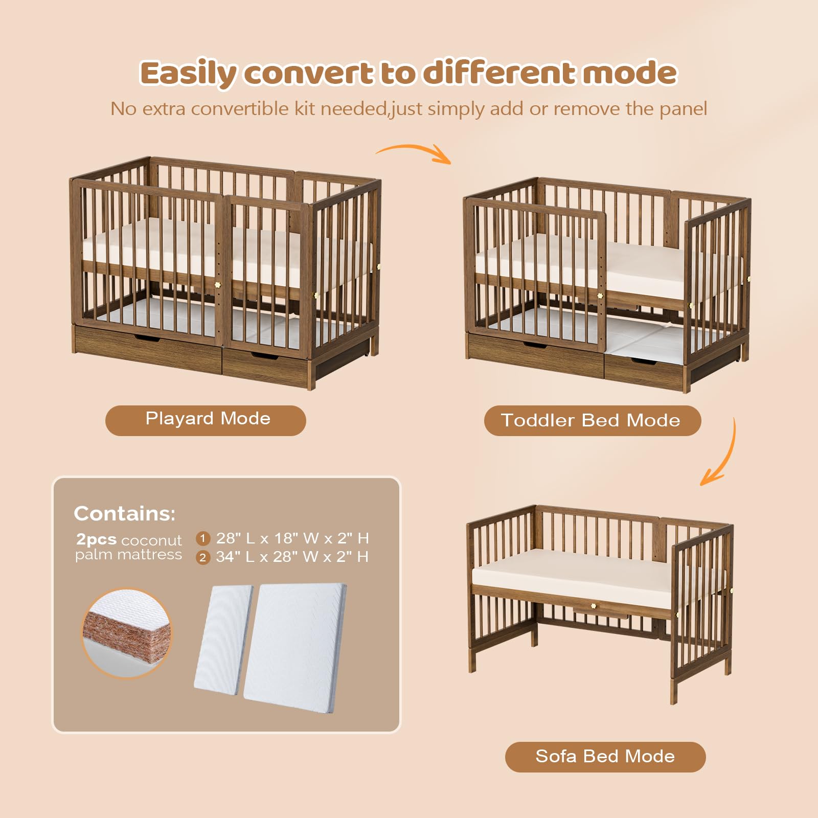 JOYMOR 8-in-1 Convertible Baby Crib with Storage Drawer - Includes 2