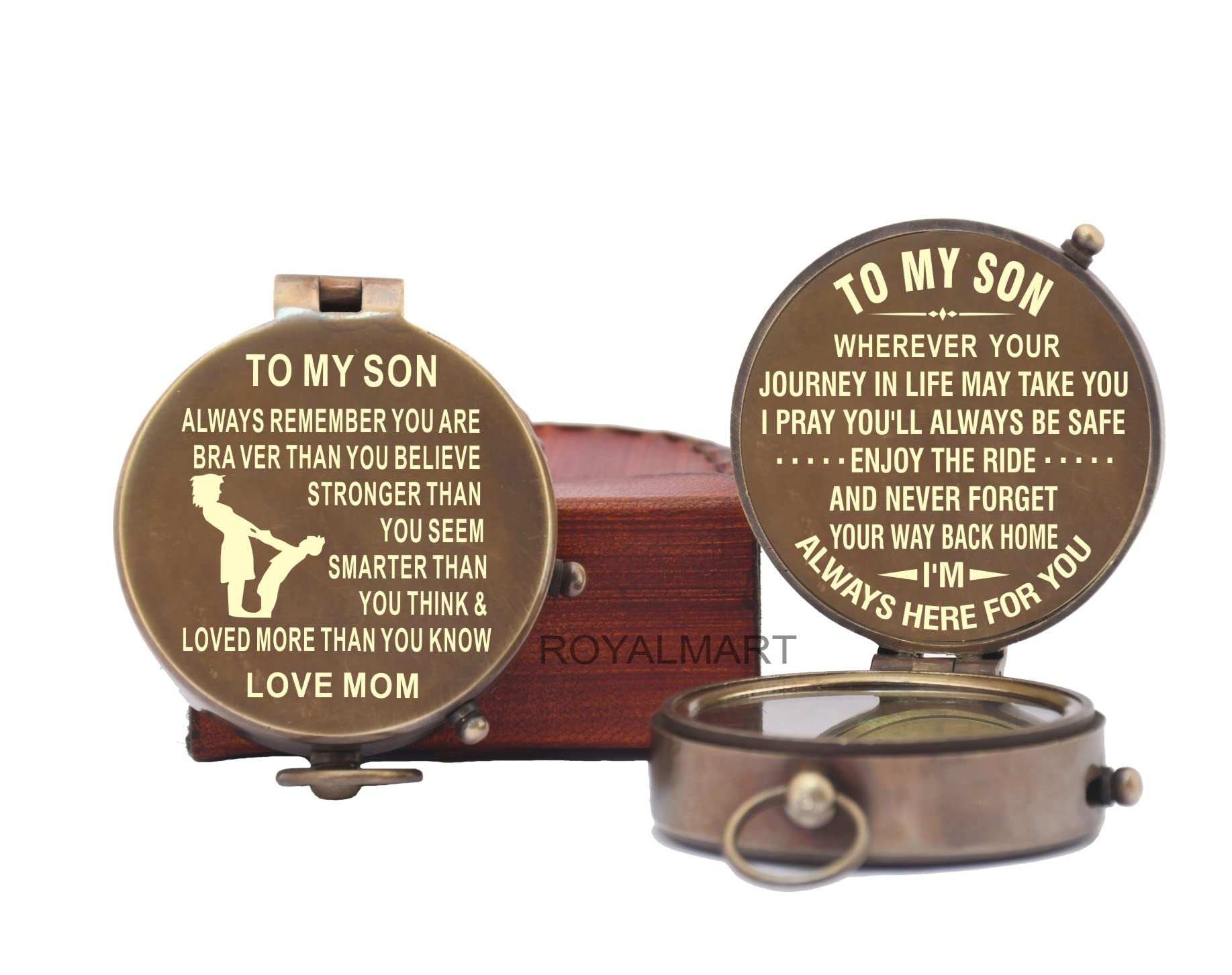 Royalmart Antique Brass Compass with Leather Case & Chain - Personalized Engraved Gift for Son, Graduation Present | Perfect for Outdoor Adventures, Hiking, and Special Occasions