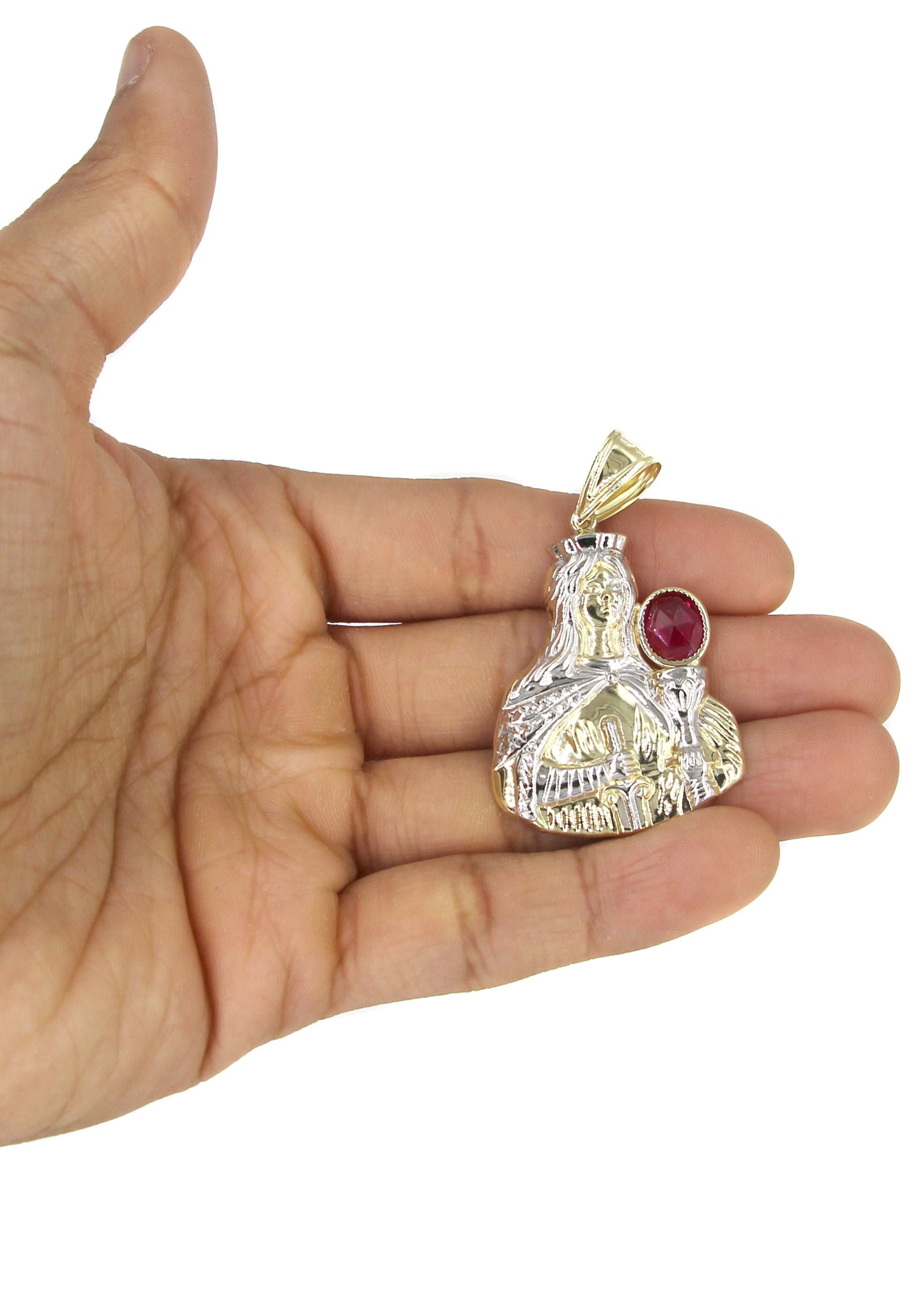 10K Yellow Gold Saint Barbara Necklace with Genuine Ruby Stone | 16.6 Grams | Religious Jewelry for Women | Perfect for Prayer, Protection & Faith-Based Gifts