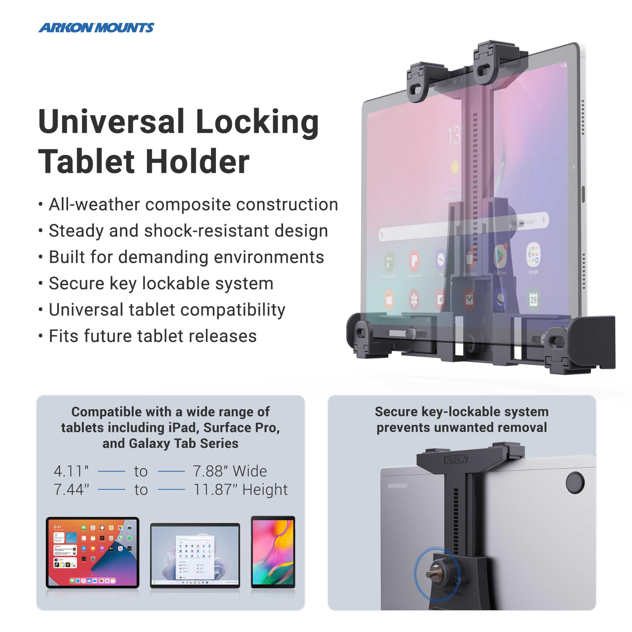 ARKON Forklift Locking Tablet Mount - Adjustable 8.5-inch Shaft Arm for iPad & Samsung Tablets | Secure & Easy Installation | Durable Warehouse Vehicle Accessory | Perfect for Inventory Management & Logistics Operations