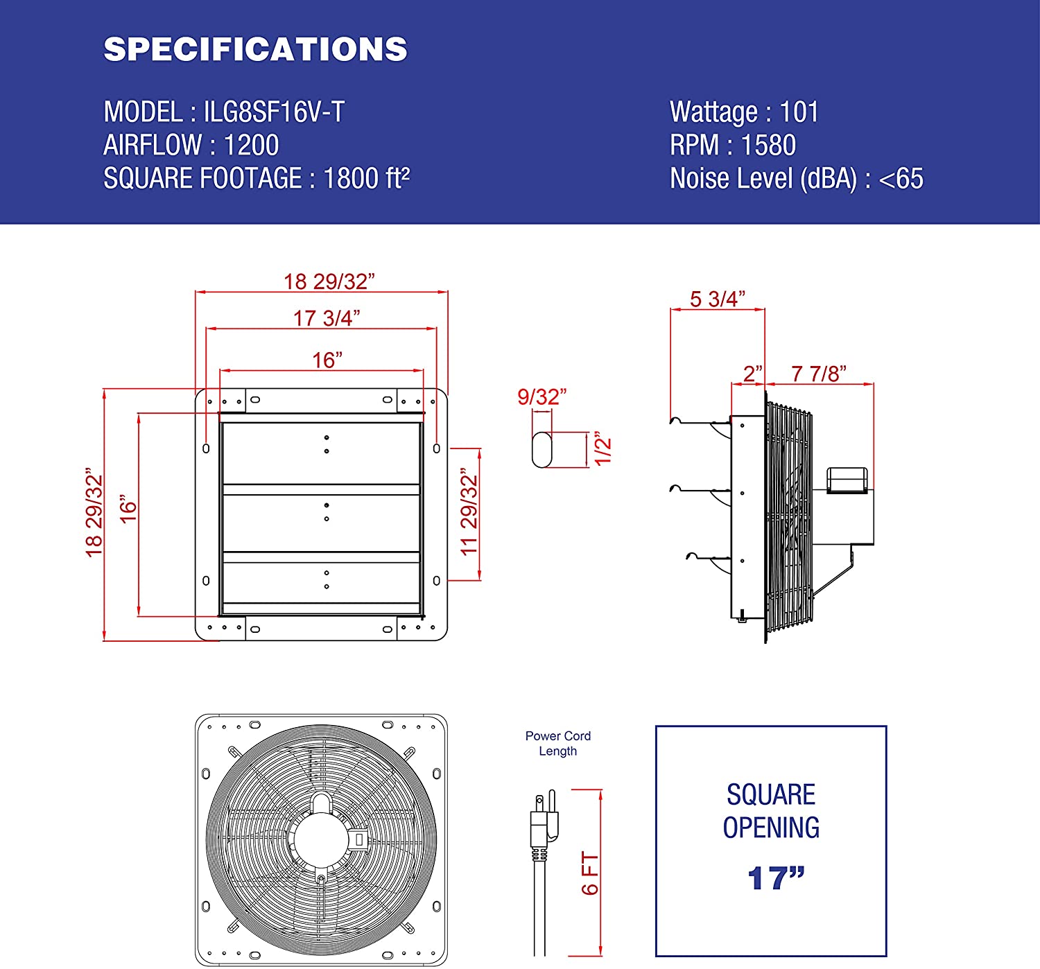 iLiving 16 Inch Shutter Exhaust Fan - 3 Speed Thermostat Control, 6FT Cord with 3 Plugs - Attic, Garage & Grow Room Ventilation Fan for Home & Commercial Use