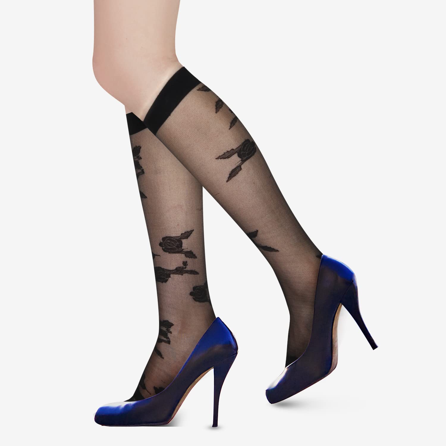 Benefeet Women's Sheer Knee High Socks - Black & White Lace Stockings for Lolita Fashion