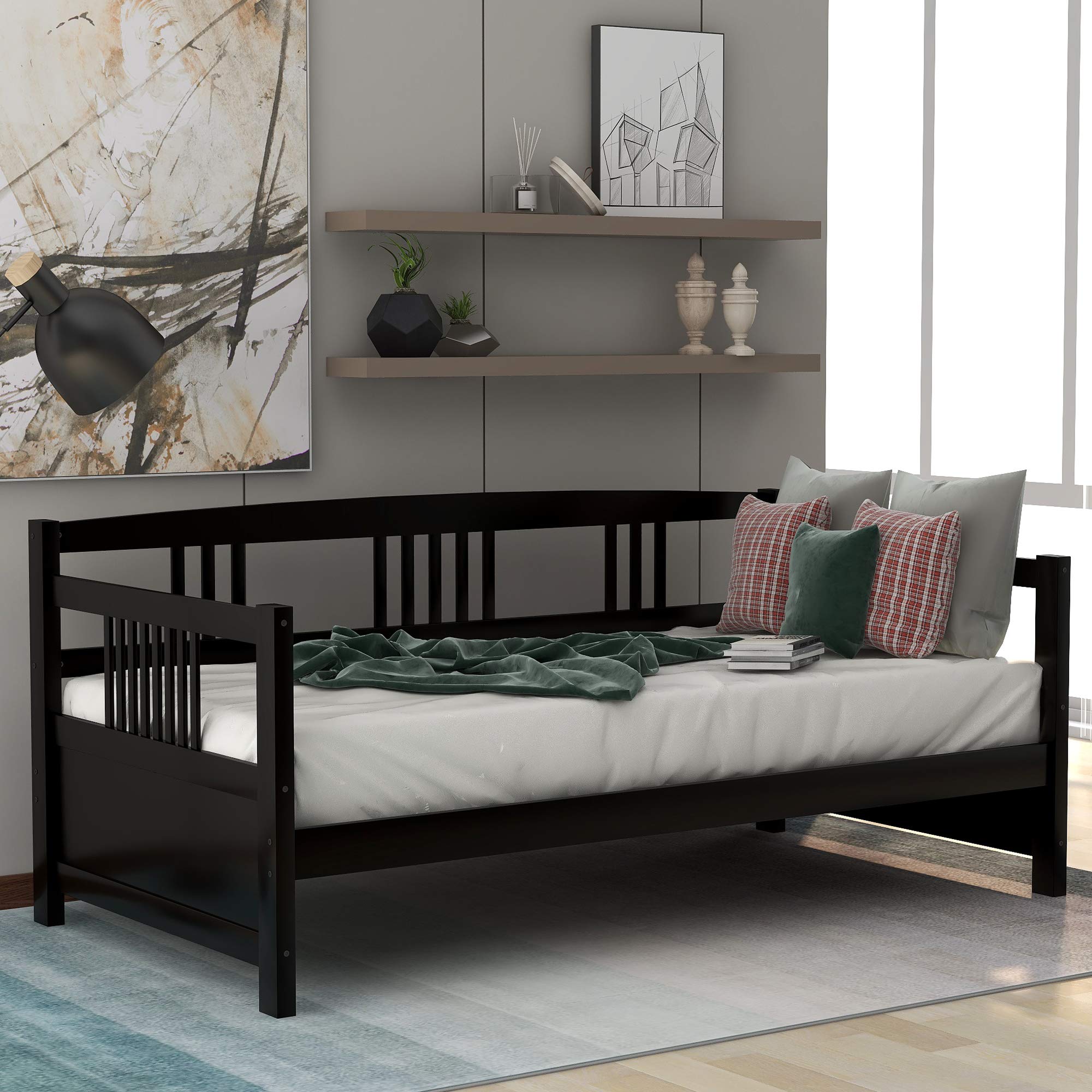 SOFTSEA Twin Size Daybed Frame with Wooden Slats Support - No Box Spring Needed - Modern Espresso Daybed for Guest Room, Dorm or Small Space