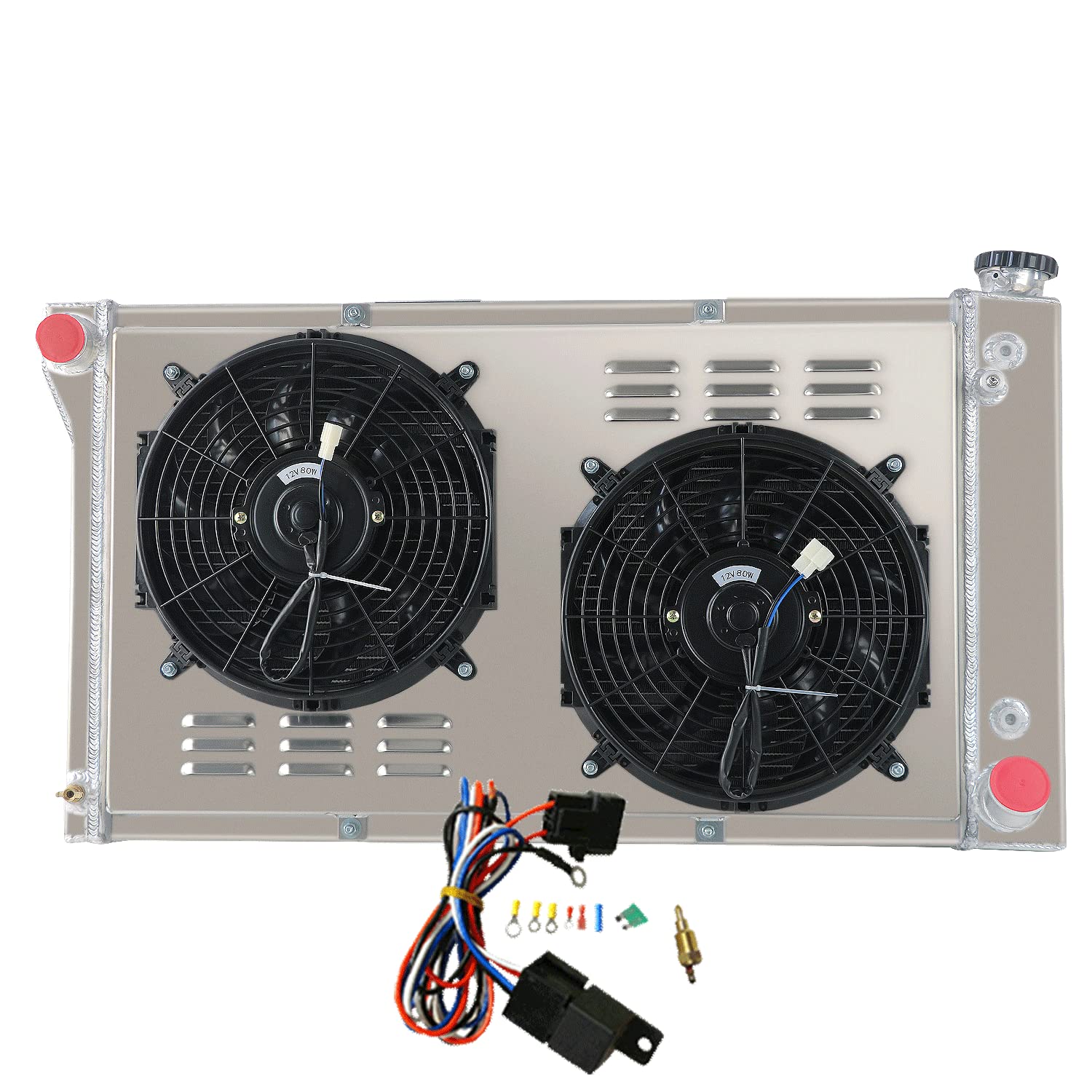 ALLOYWORKS 4 Row Core Aluminum Radiator Shroud Fan Relay Kit for 1967-1972 Chevy C/K Series C10 C20 K10 K20 Pickup Truck & Suburban | P10 P20 P30 G10 G20 G30 Van | Compatible with L6 & V8 Engines | Improved Cooling Performance for Hot Weather & Heavy Duty Towing