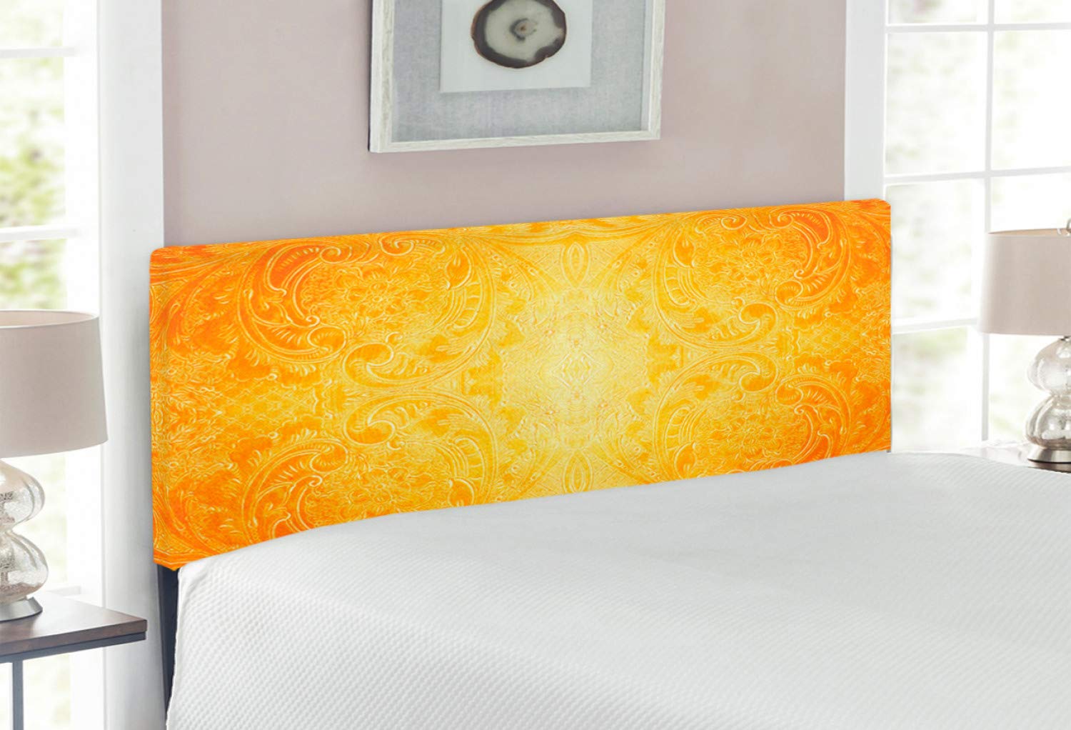 Ambesonne Vintage Victorian Style Yellow Headboard - Full Size Upholstered Metal Bed Frame with Memory Foam & Ornamental Floral Design | Perfect for Master Bedroom, Guest Room & Victorian Home Decor (Marigold)