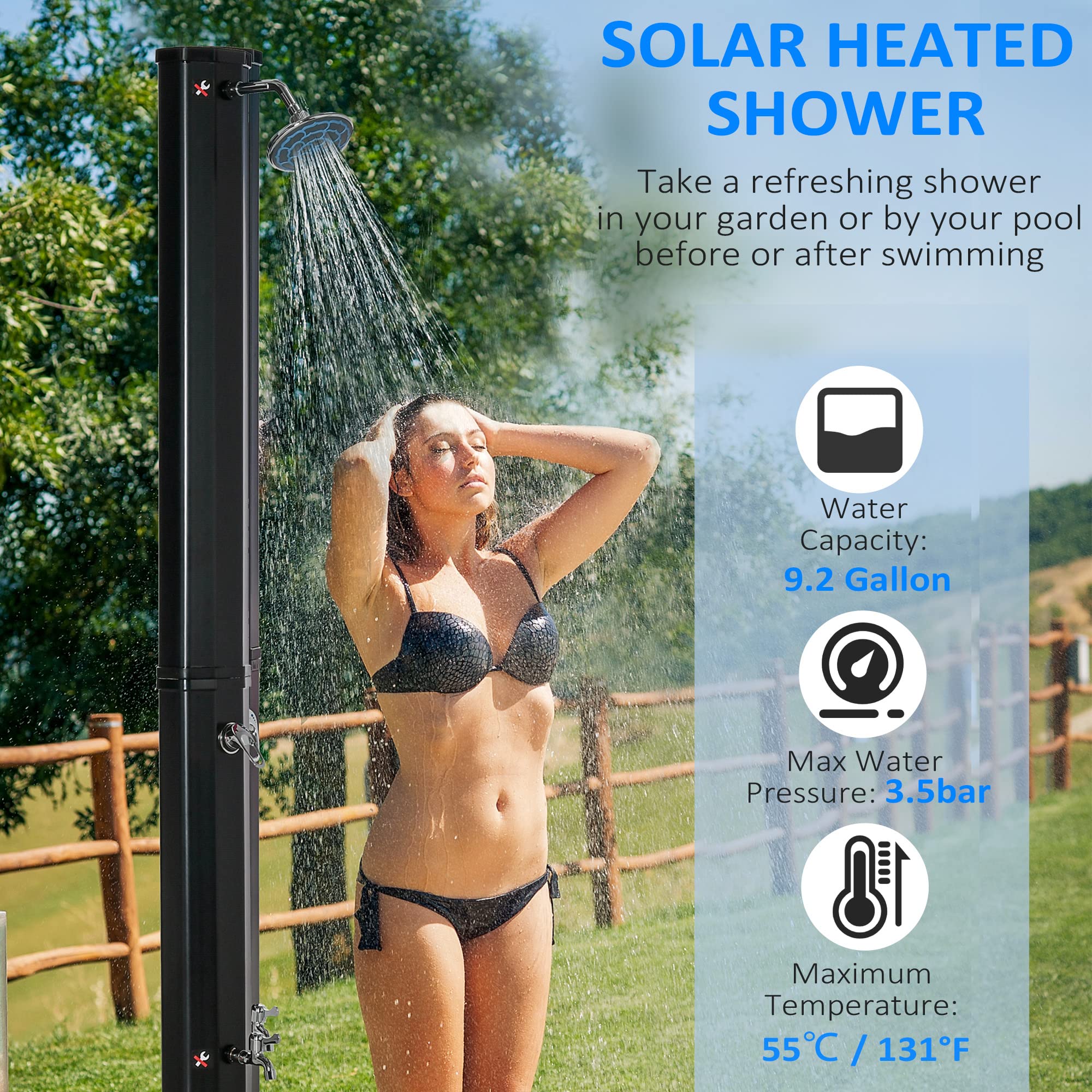 Outsunny 7ft Outdoor Solar Shower with 360° Rotating Head & Foot Faucet - Adjustable Temperature & Pressure, 9.2 Gallon Capacity - Perfect for Backyard, Pool, Camping & Beach Use