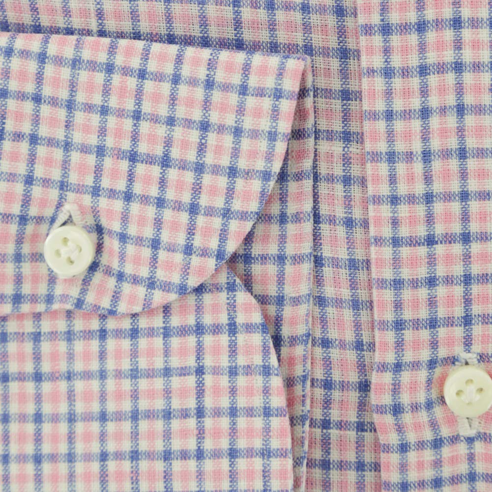 Luigi Borrelli Plaid Pink Linen Button Down Dress Shirt for Men - Wide Spread Collar Formal & Business Casual Wear
