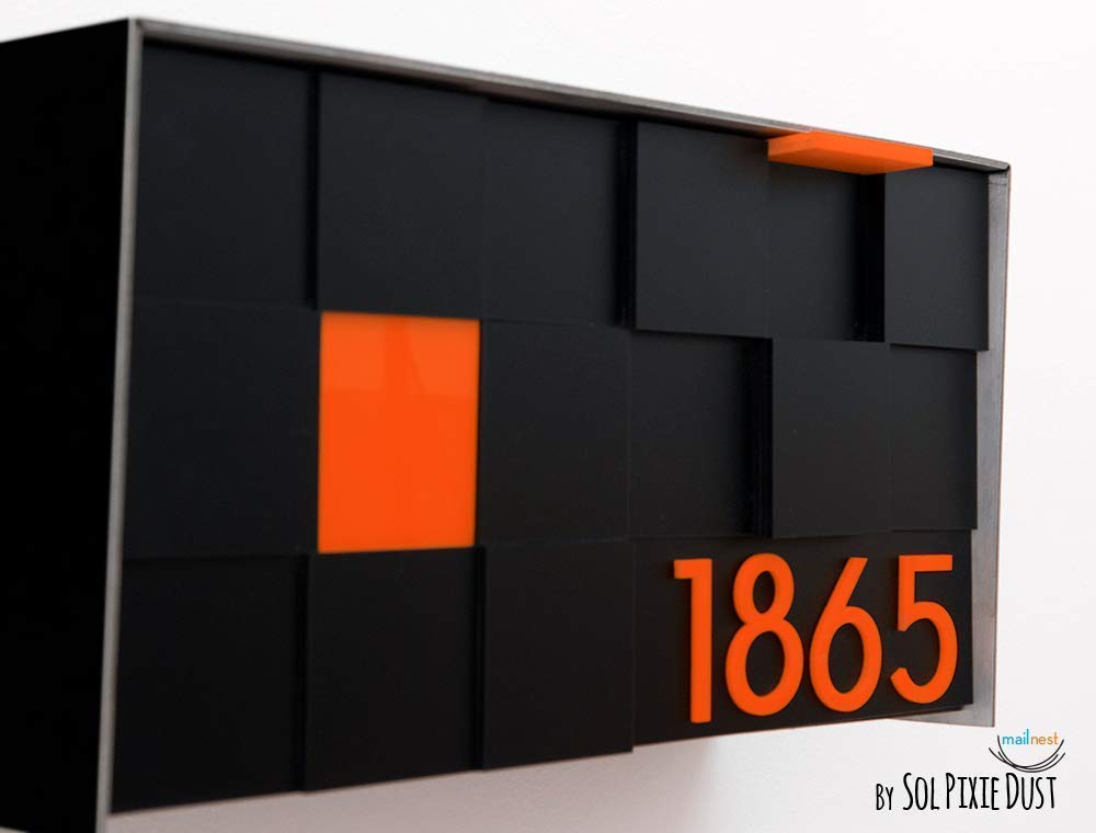 Modern Wall Mounted Mailbox with 3D Black Acrylic Face & Aluminum (ACP) Black Body - Orange Acrylic Numbers - Custom Postbox Letterbox - Perfect for Homes, Offices & Apartments